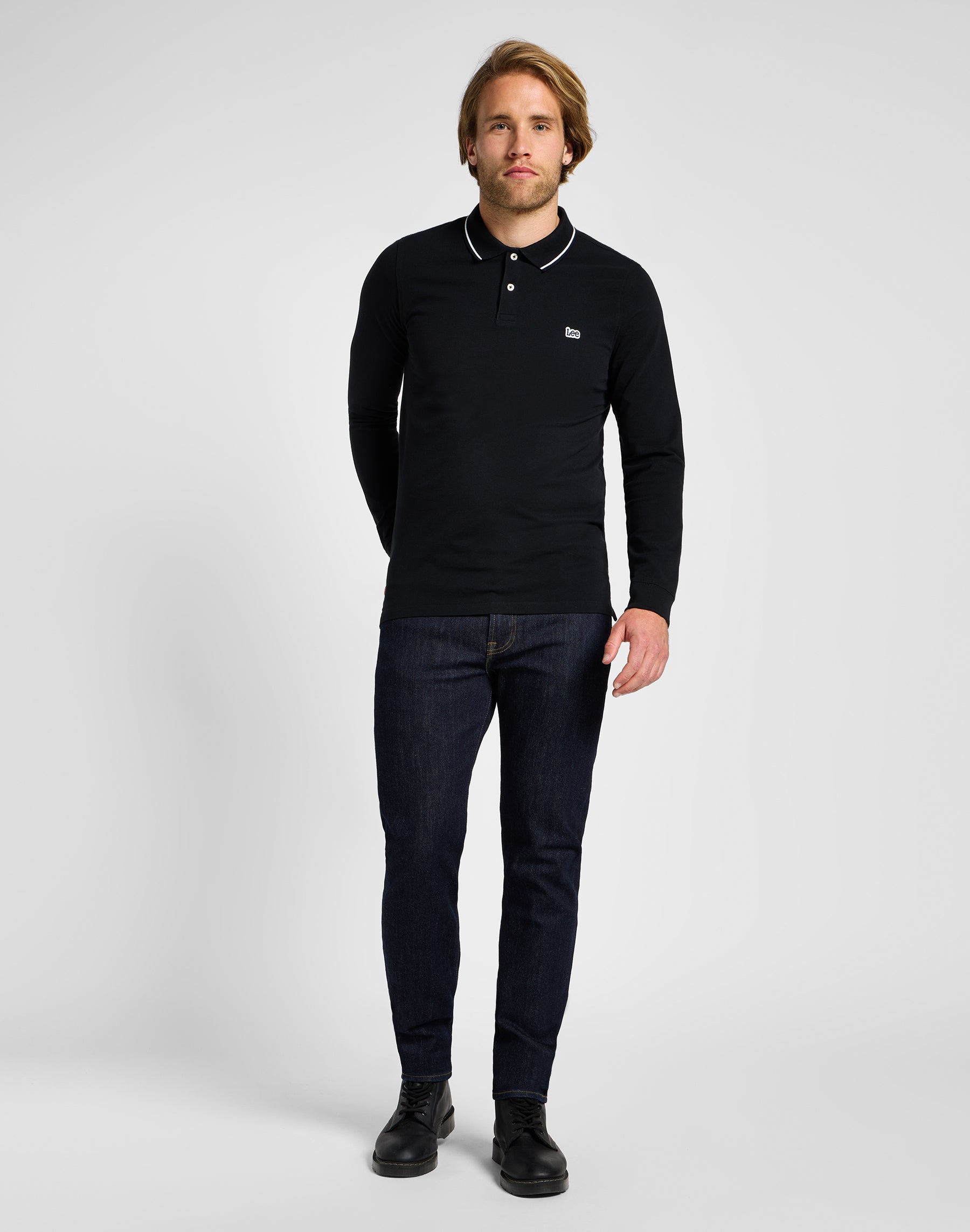 Polo piqué à manches longues en noir Black T-Shirts Lee