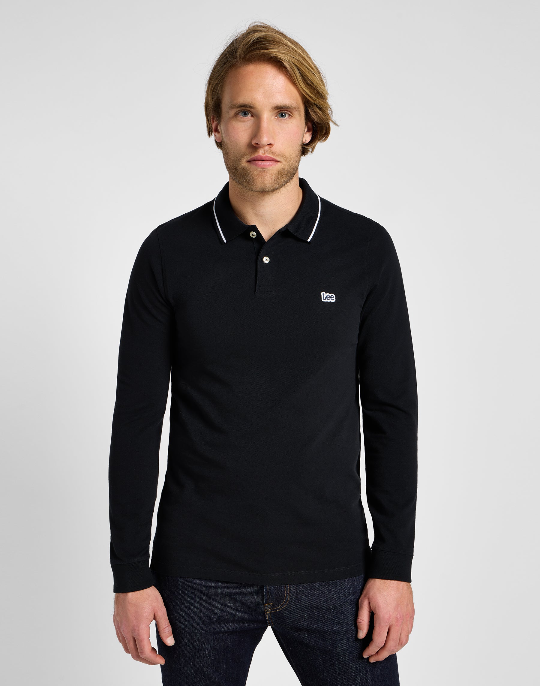 Polo piqué à manches longues en noir Black T-Shirts Lee