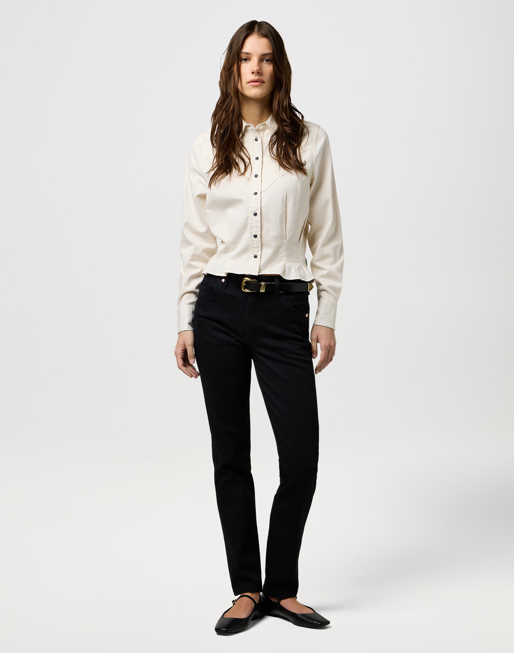 Femme Peplum Shirt in Pinstar White Chemises Wrangler