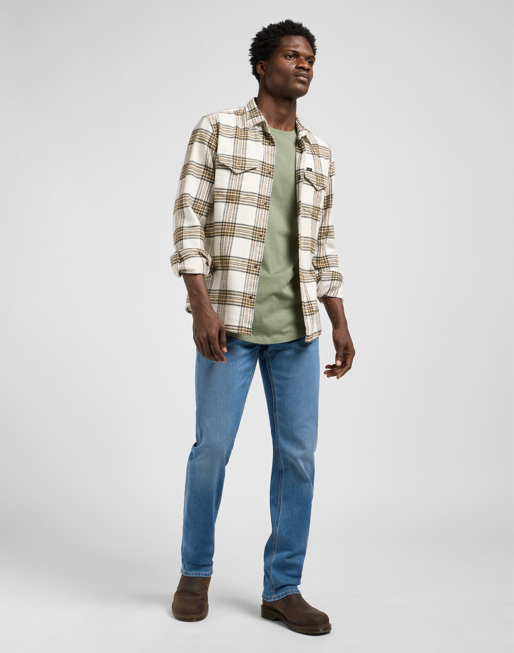 Clean Western Shirt in Ecru Ochre Plaid Chemises Lee