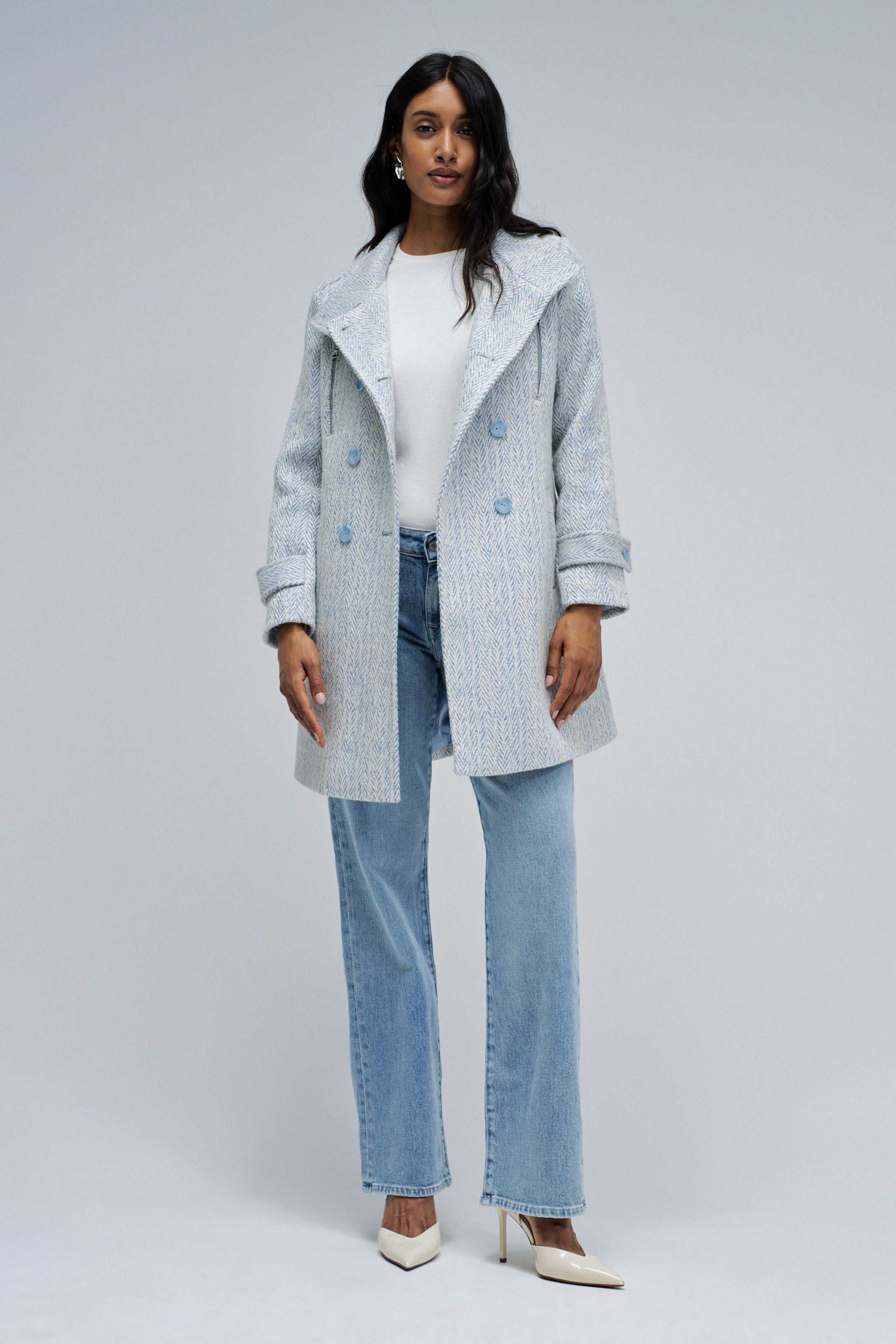 Grace Long Woolen Coat en bleu clair V1
