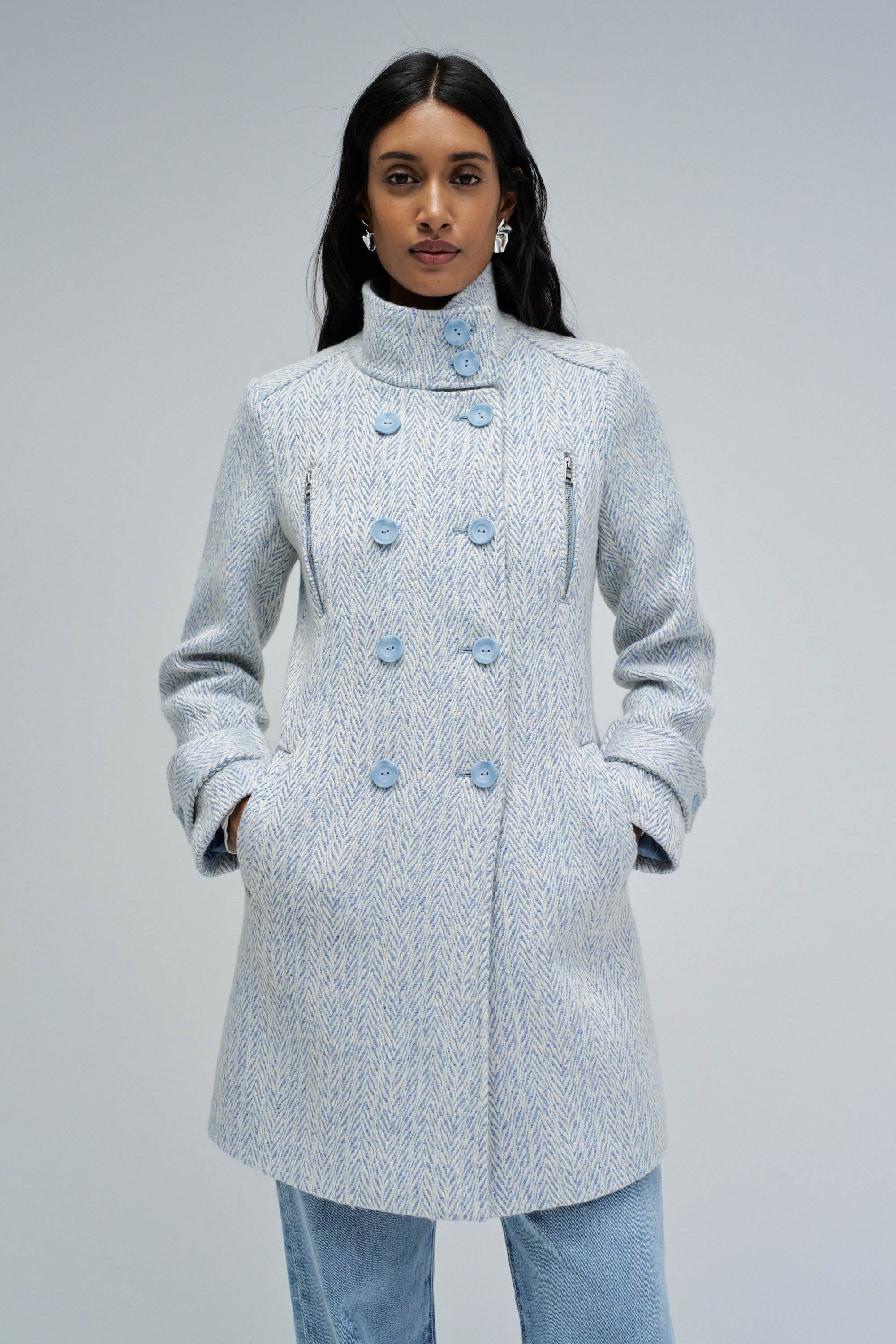 Grace Long Woolen Coat in Light Blue V1 Vestes Salsa Jeans