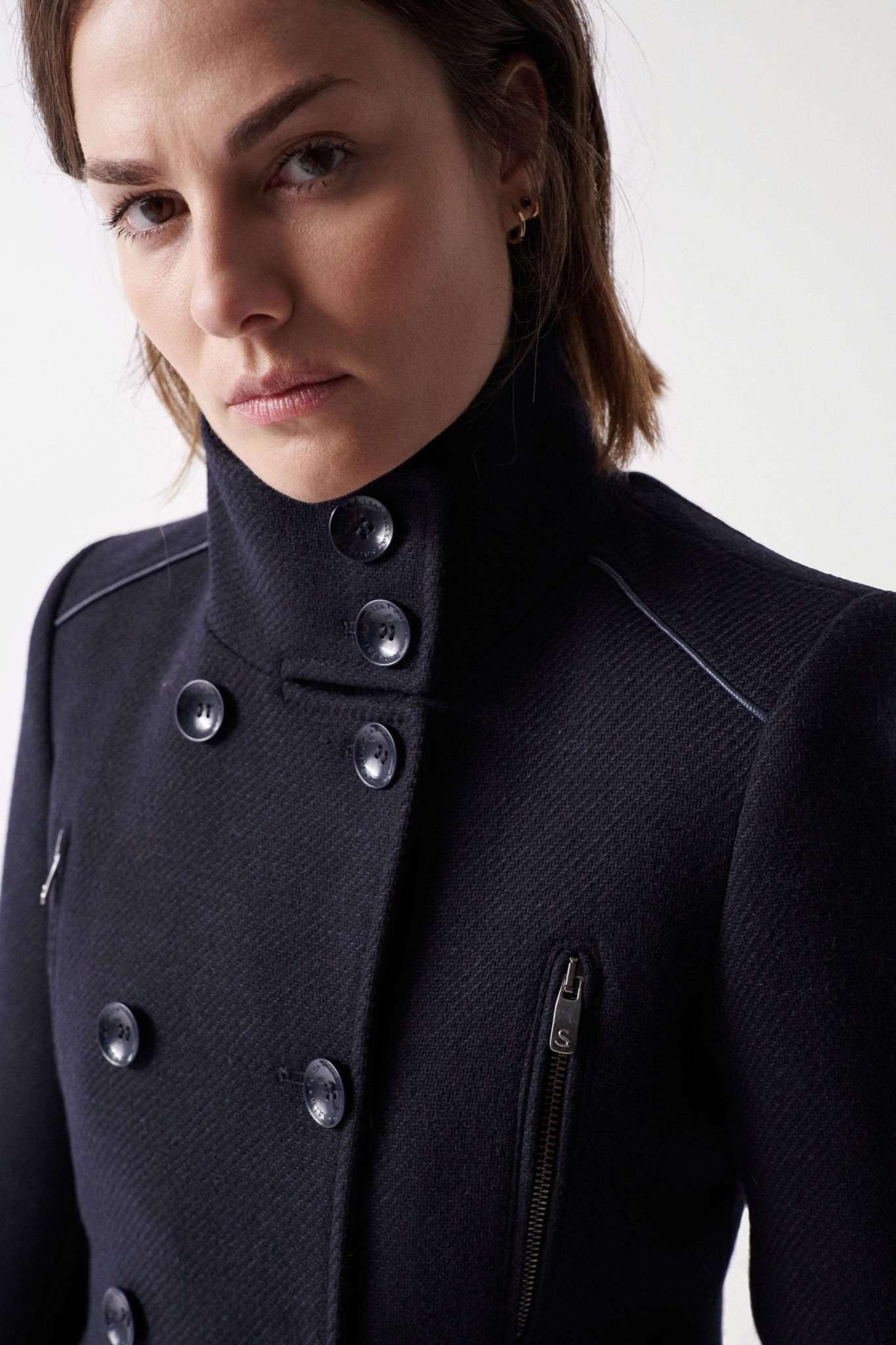 Grace Long Woolen Coat in Dark Blue Vestes Salsa Jeans