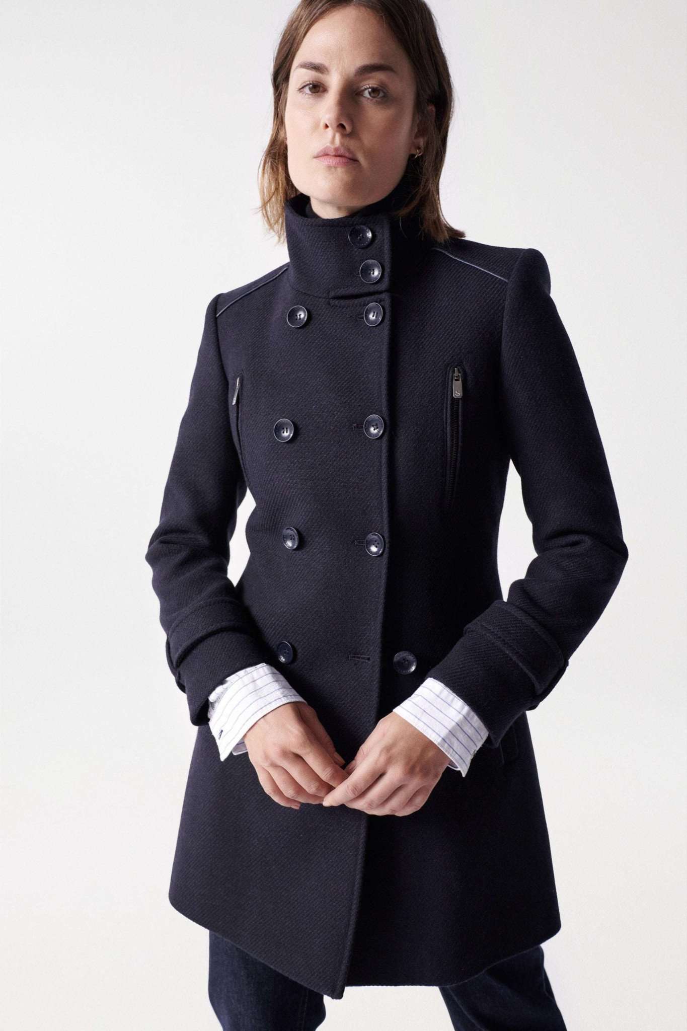 Grace Long Woolen Coat in Dark Blue Vestes Salsa Jeans