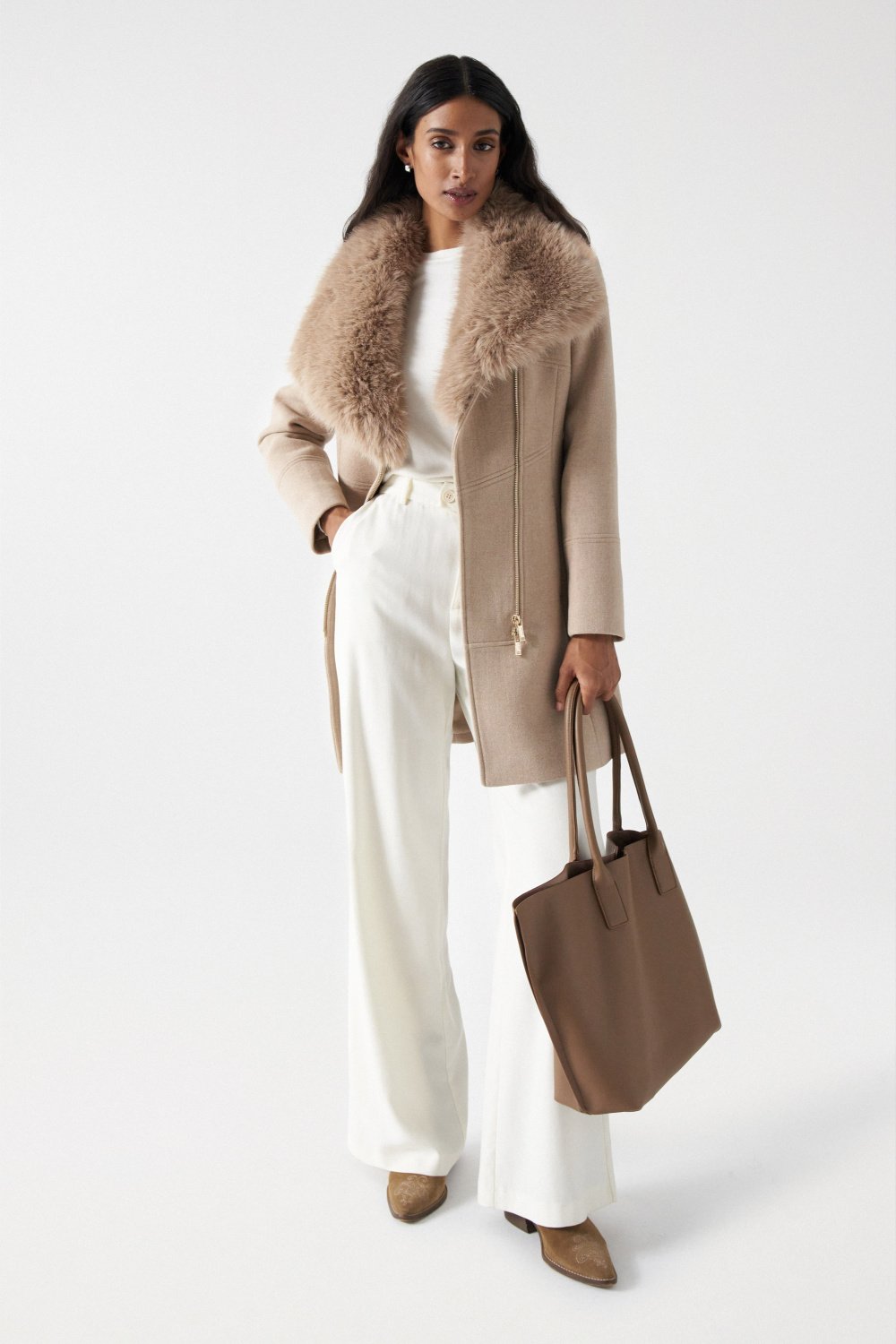 Wool Coat With Fur Collar in Medium Beige V1 Vestes Salsa Jeans