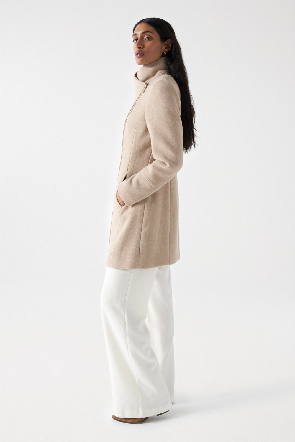 Wool Coat With Fur Collar in Medium Beige V1 Vestes Salsa Jeans