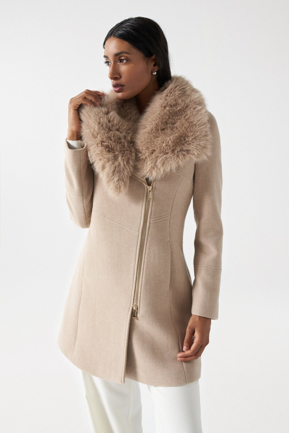 Wool Coat With Fur Collar in Medium Beige V1 Vestes Salsa Jeans
