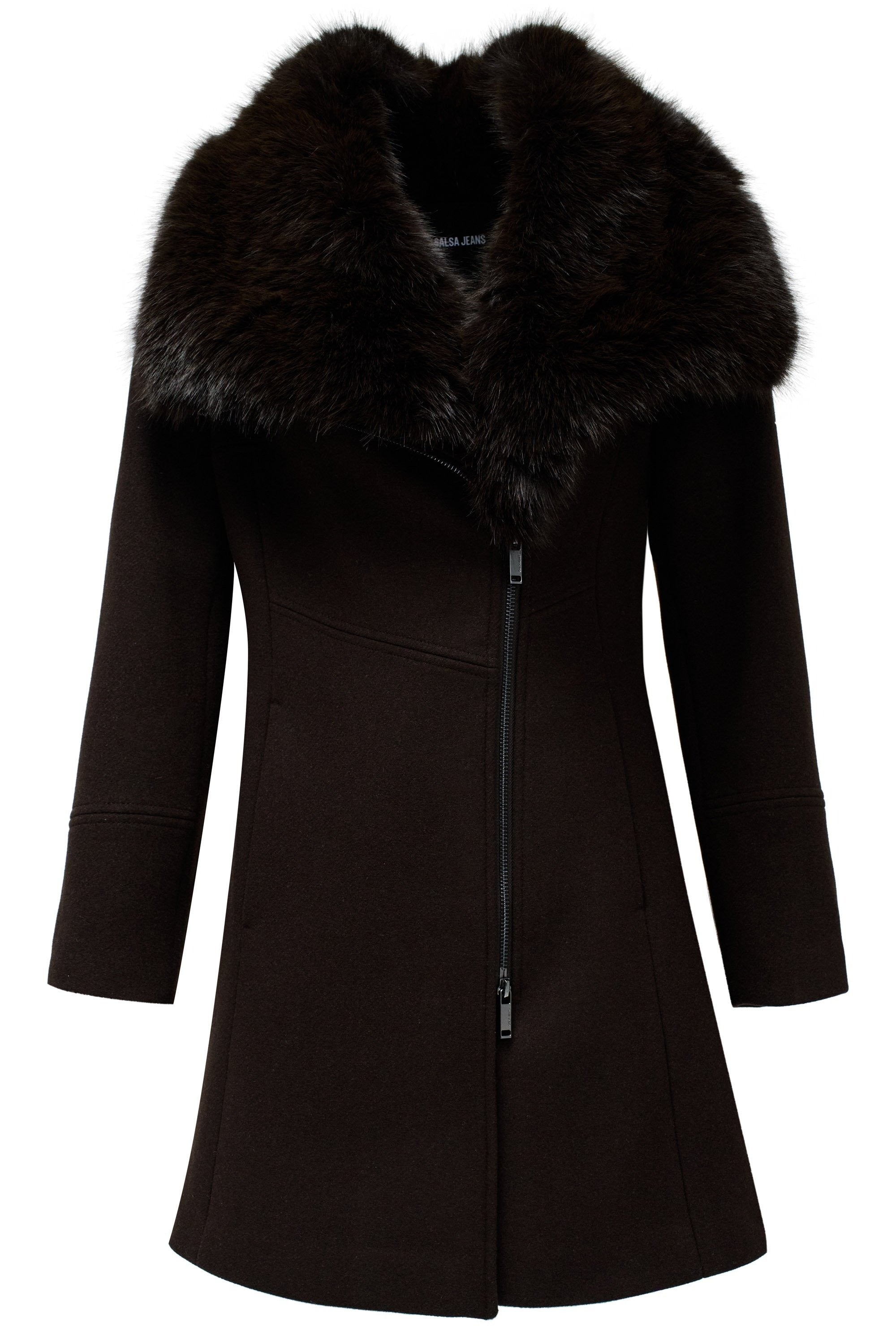 Wool Coat With Fur Collar in Marron foncé Vestes Salsa Jeans