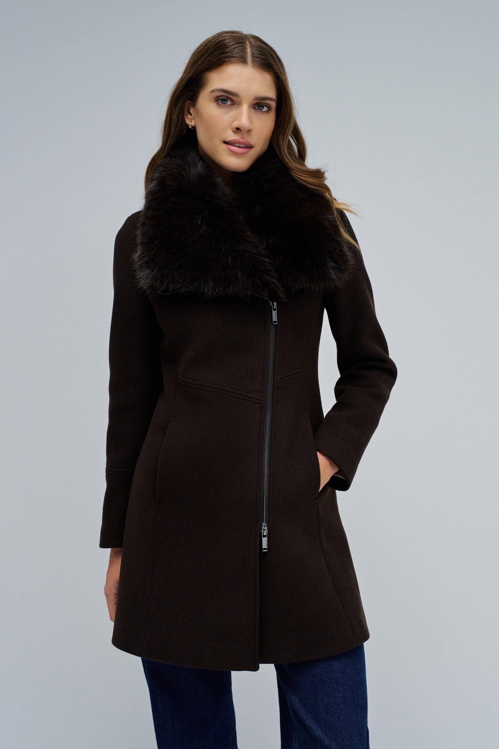 Wool Coat With Fur Collar in Marron foncé Vestes Salsa Jeans