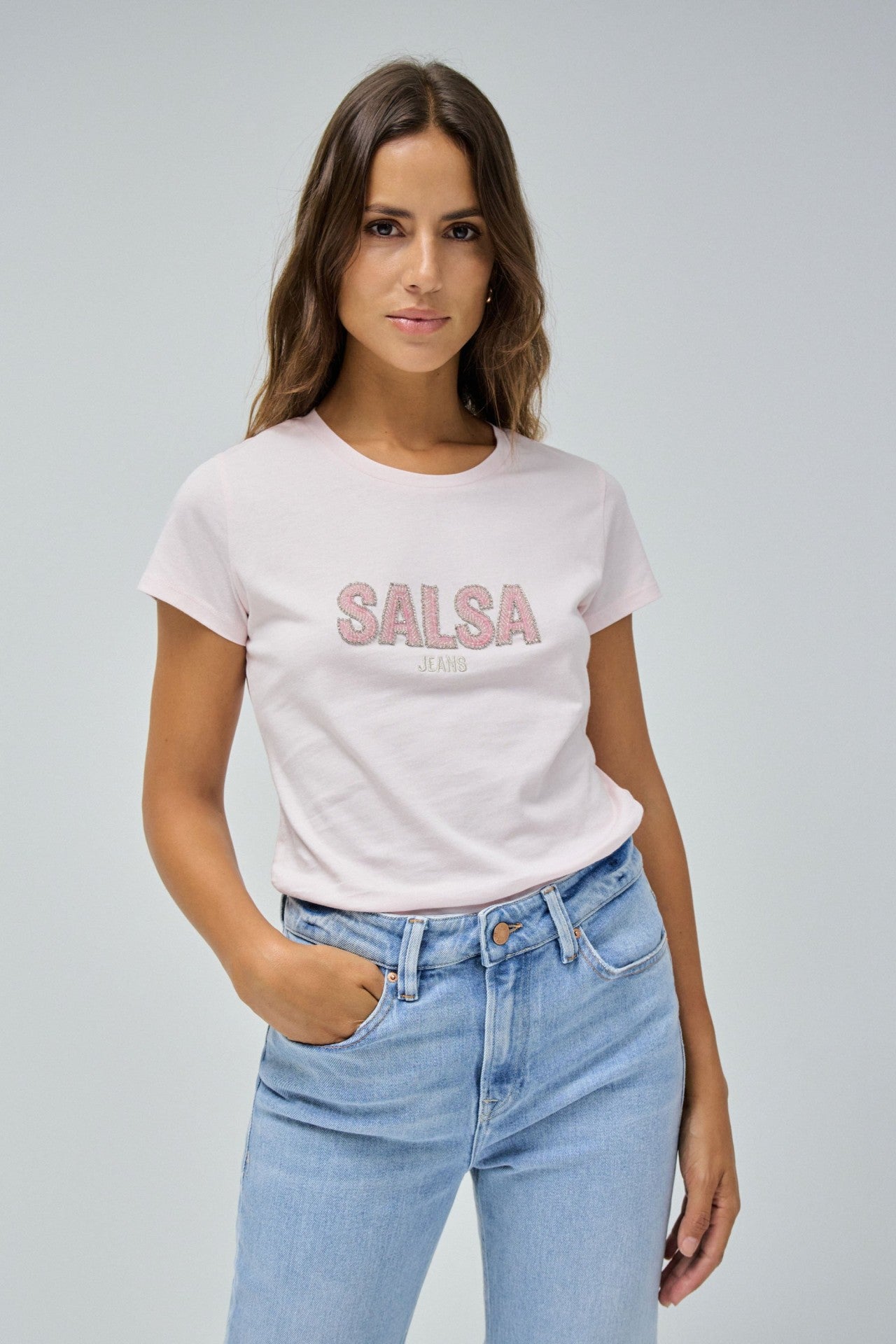 Institutional Beaded Branding T-shirt en rose clair V1 T-shirts Salsa Jeans