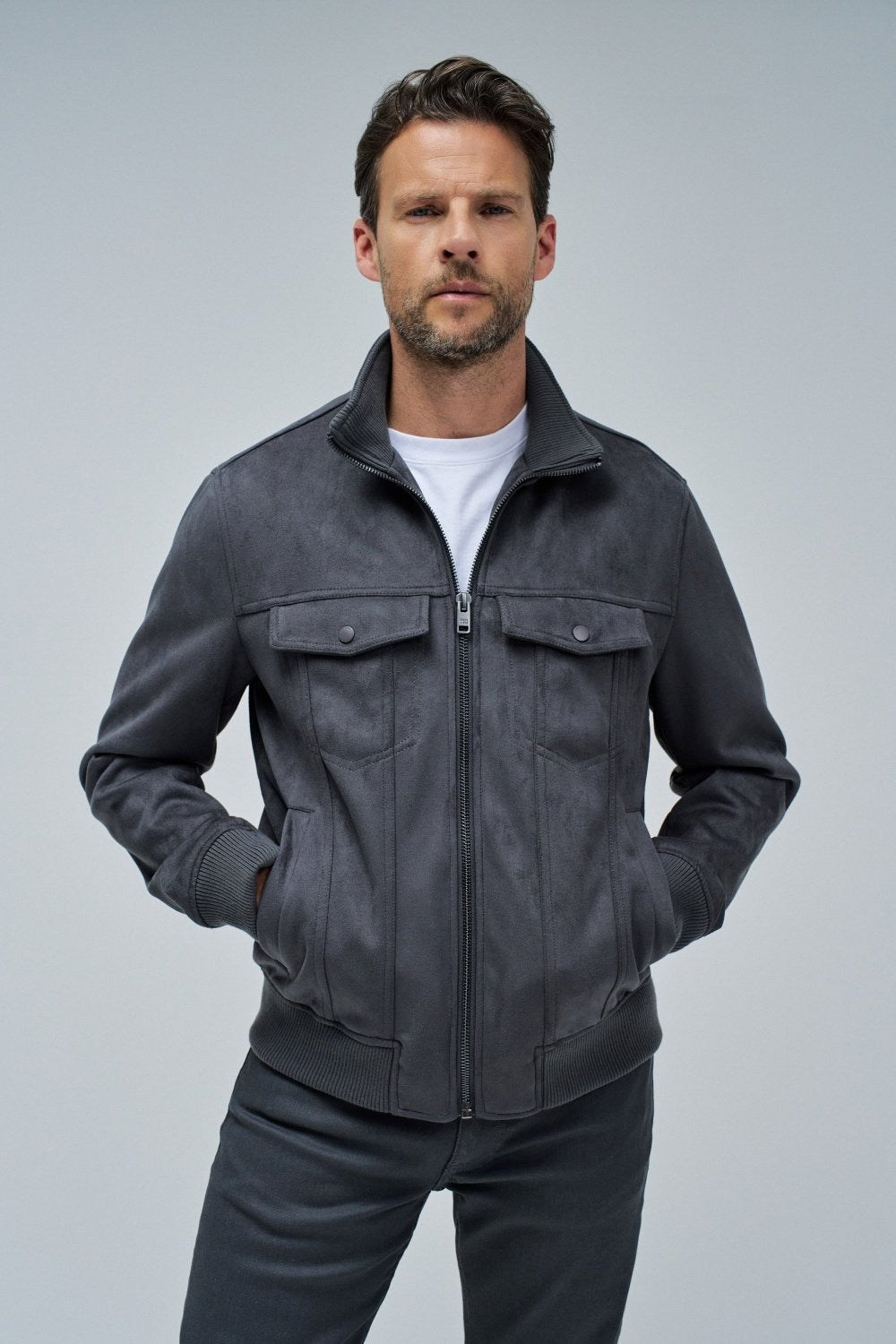 Suede Trucker Jacket in Dark Grey Vestes Salsa Jeans