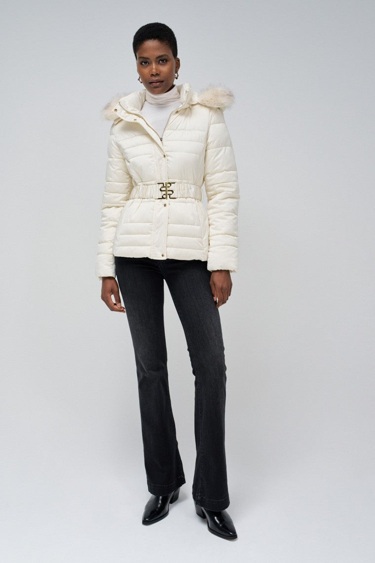 Short Puffer Coat With Fur Hood in Light Beige Vestes Salsa Jeans