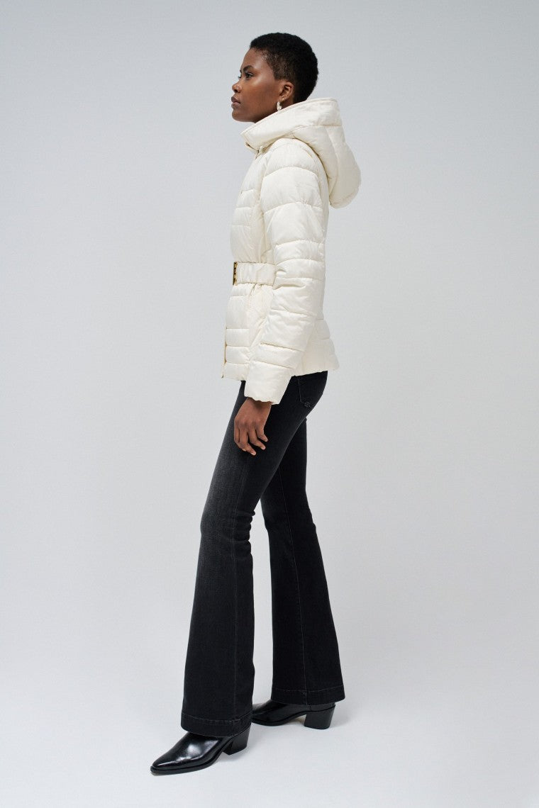Short Puffer Coat With Fur Hood in Light Beige Vestes Salsa Jeans