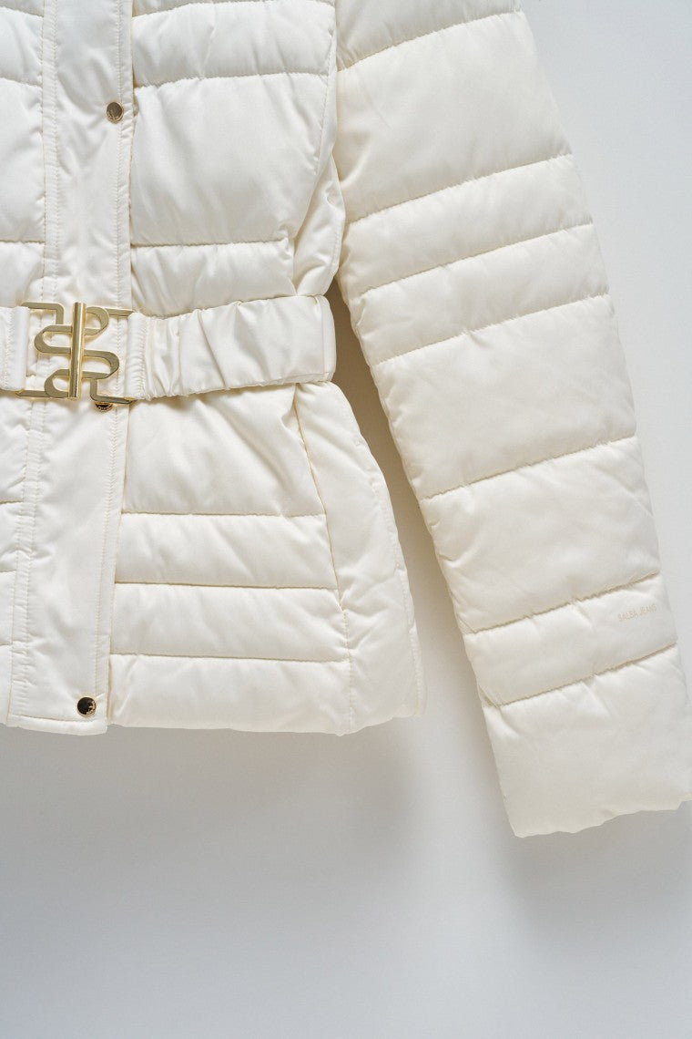 Short Puffer Coat With Fur Hood in Light Beige Vestes Salsa Jeans
