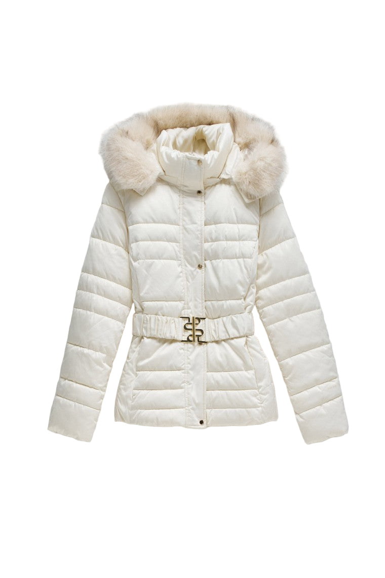 Short Puffer Coat With Fur Hood in Light Beige Vestes Salsa Jeans