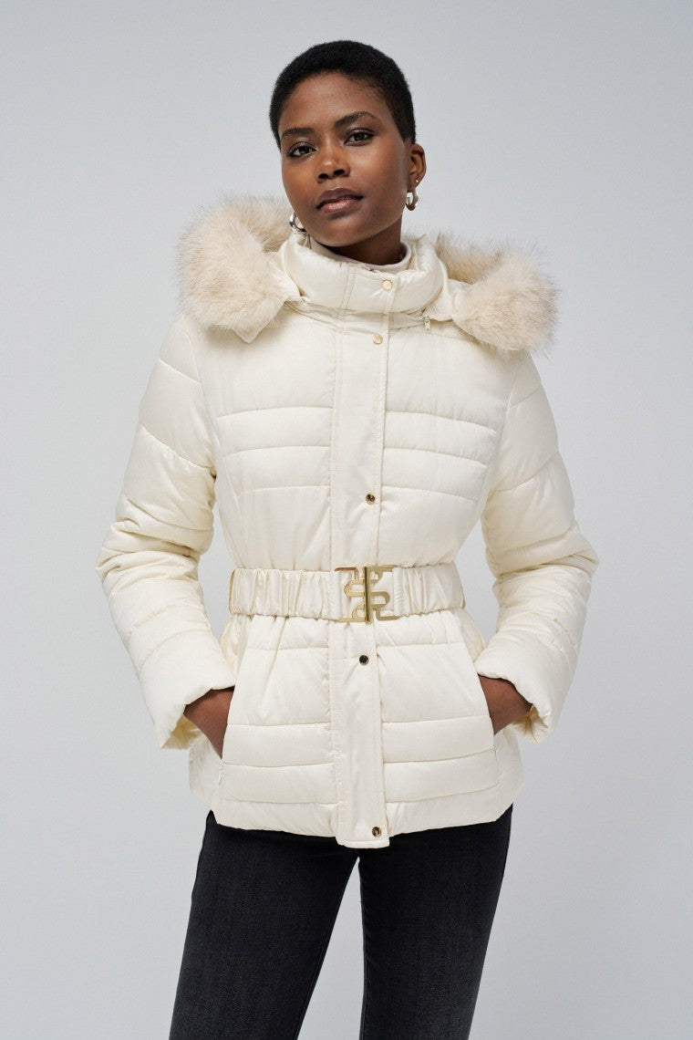 Short Puffer Coat With Fur Hood in Light Beige Vestes Salsa Jeans