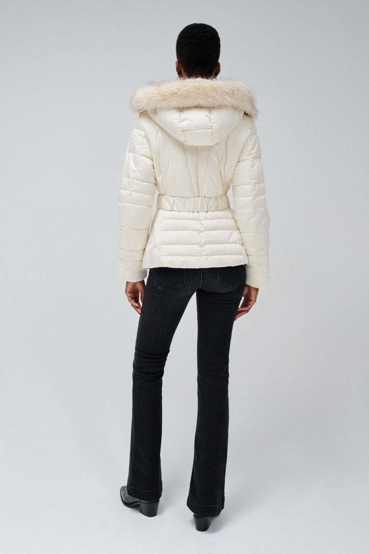 Short Puffer Coat With Fur Hood in Light Beige Vestes Salsa Jeans