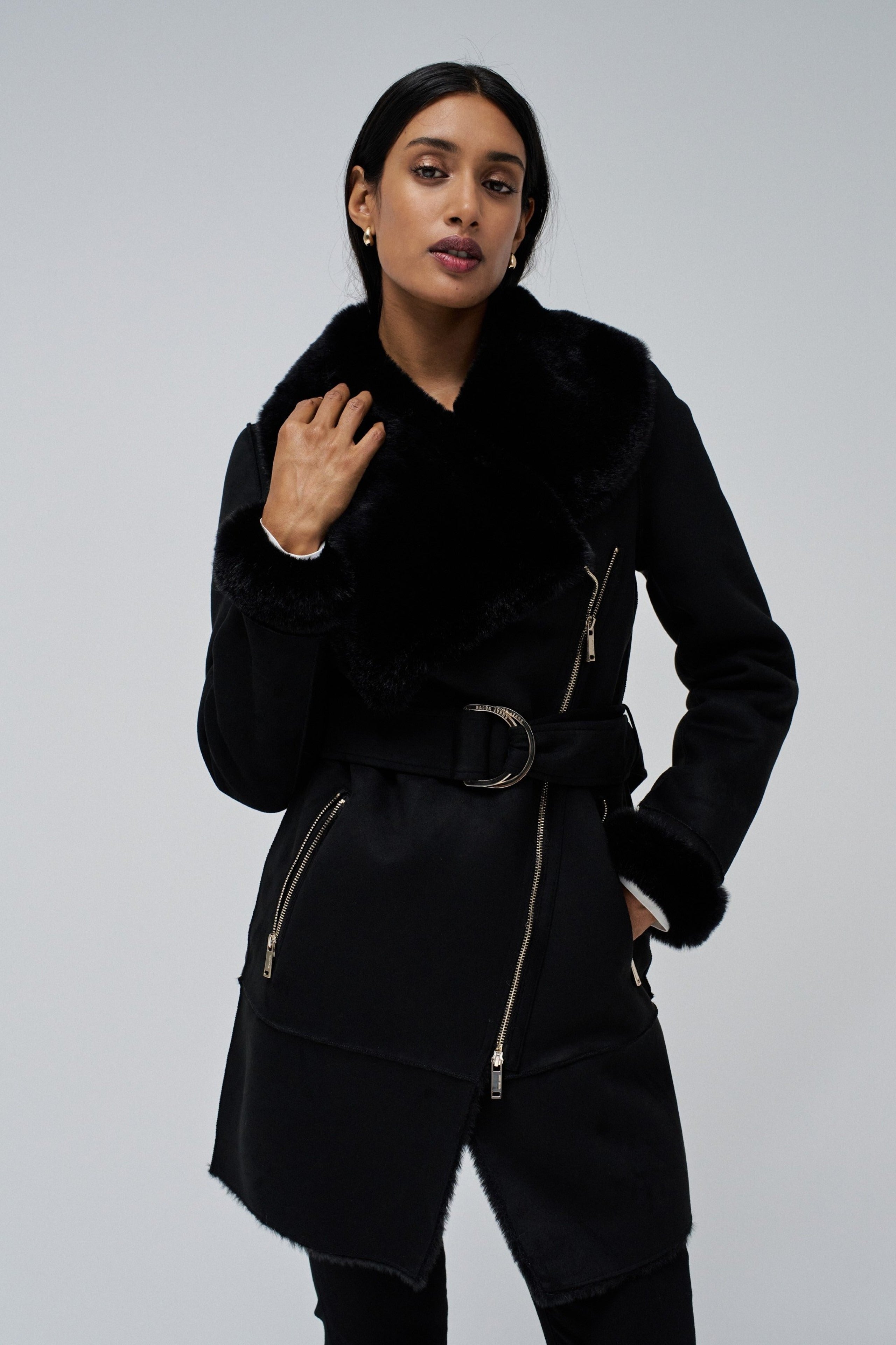 Manteau long en shearling noir