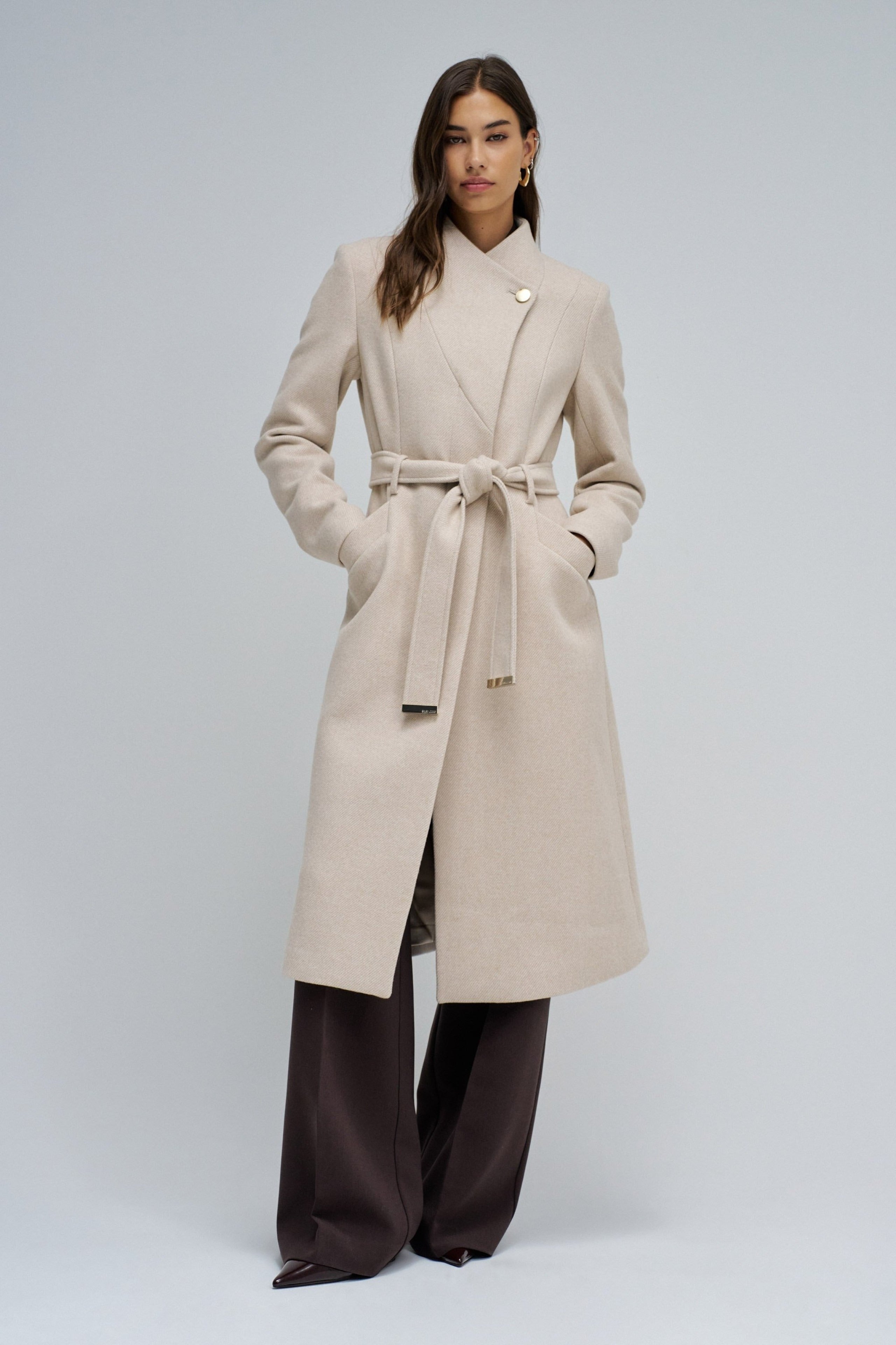 Long Wool Peacoat With Belt in Light Beige V1 Vestes Salsa Jeans