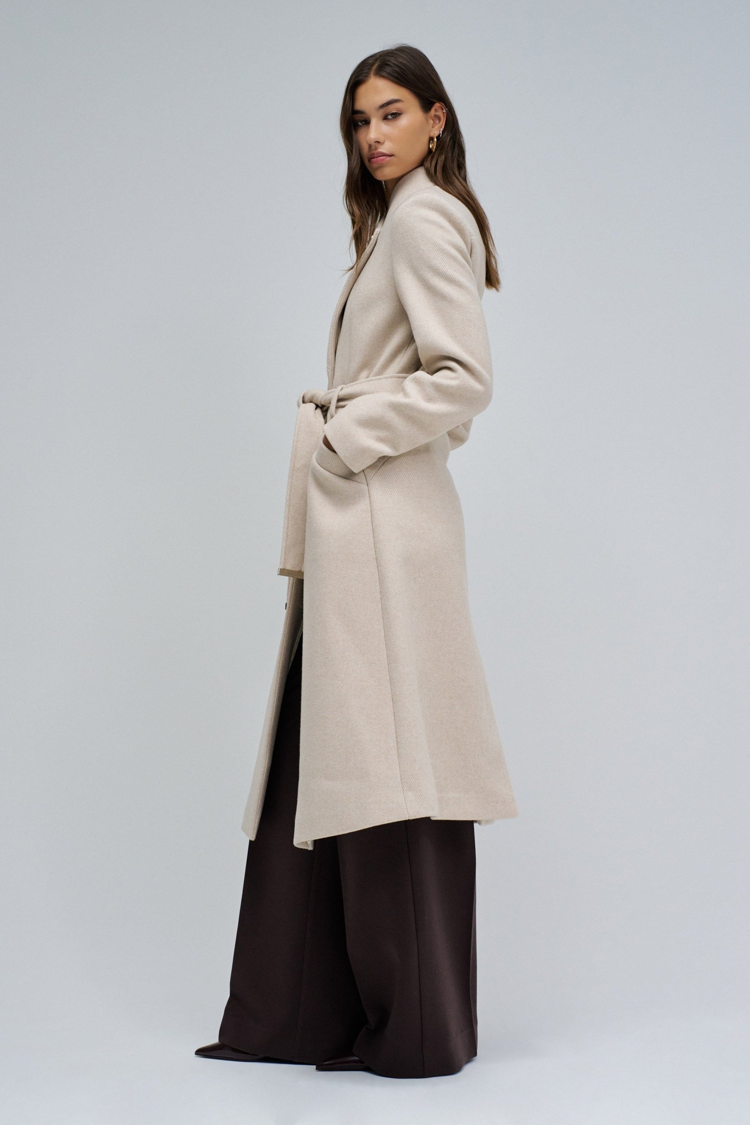 Long Wool Peacoat With Belt in Light Beige V1 Vestes Salsa Jeans