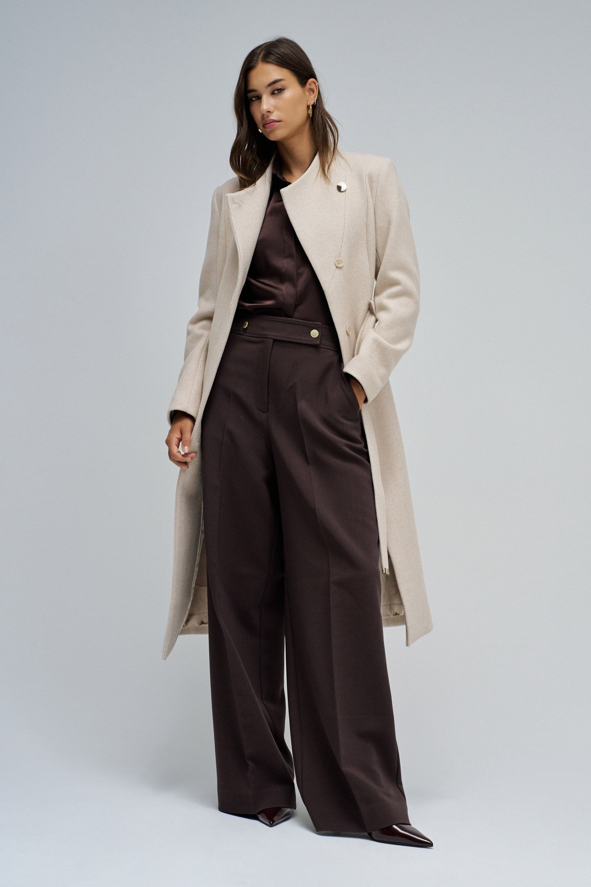 Long Wool Peacoat With Belt in Light Beige V1 Vestes Salsa Jeans