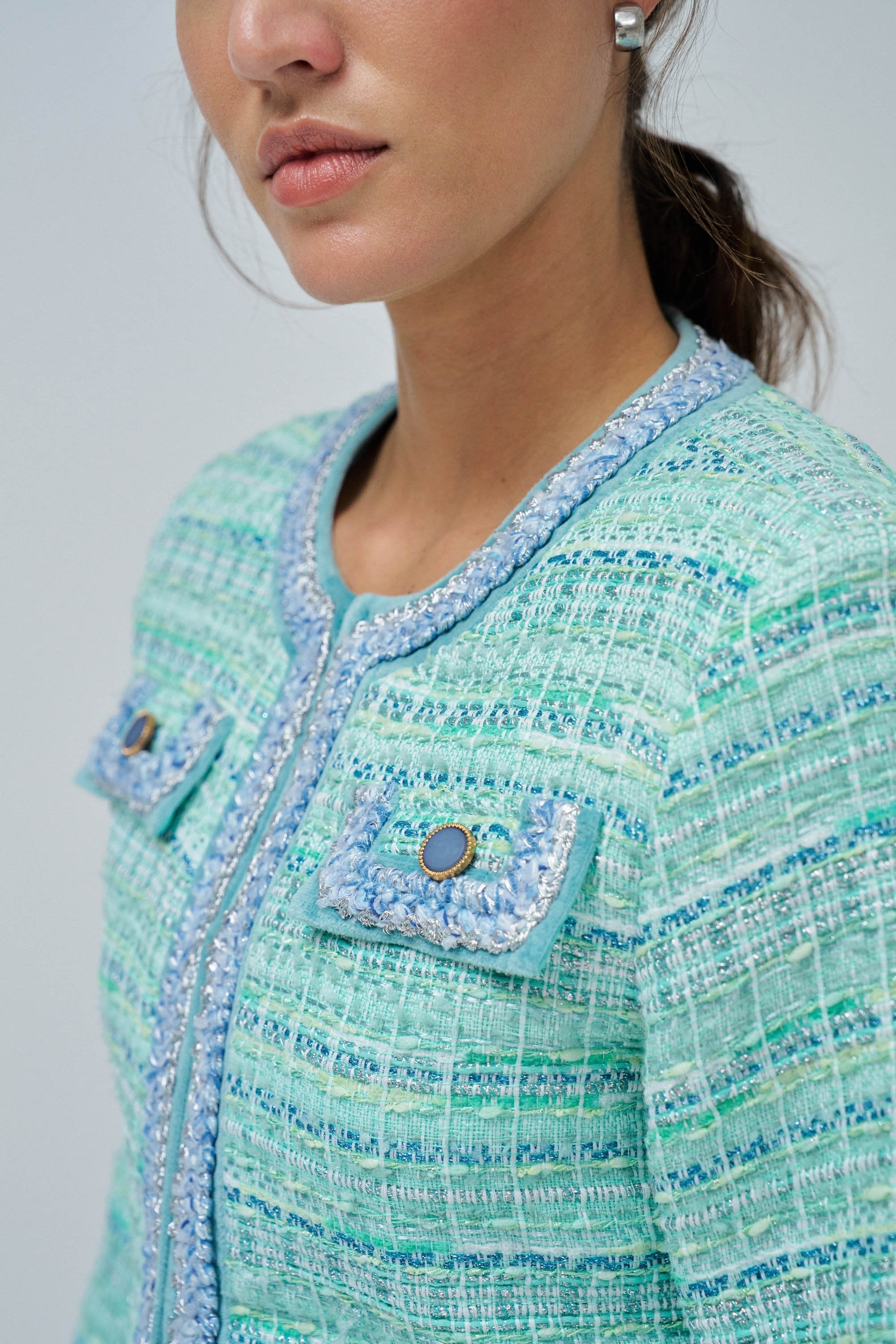 Colorful Tweed Chanel-Style Jacket in Light Green Vestes Salsa Jeans