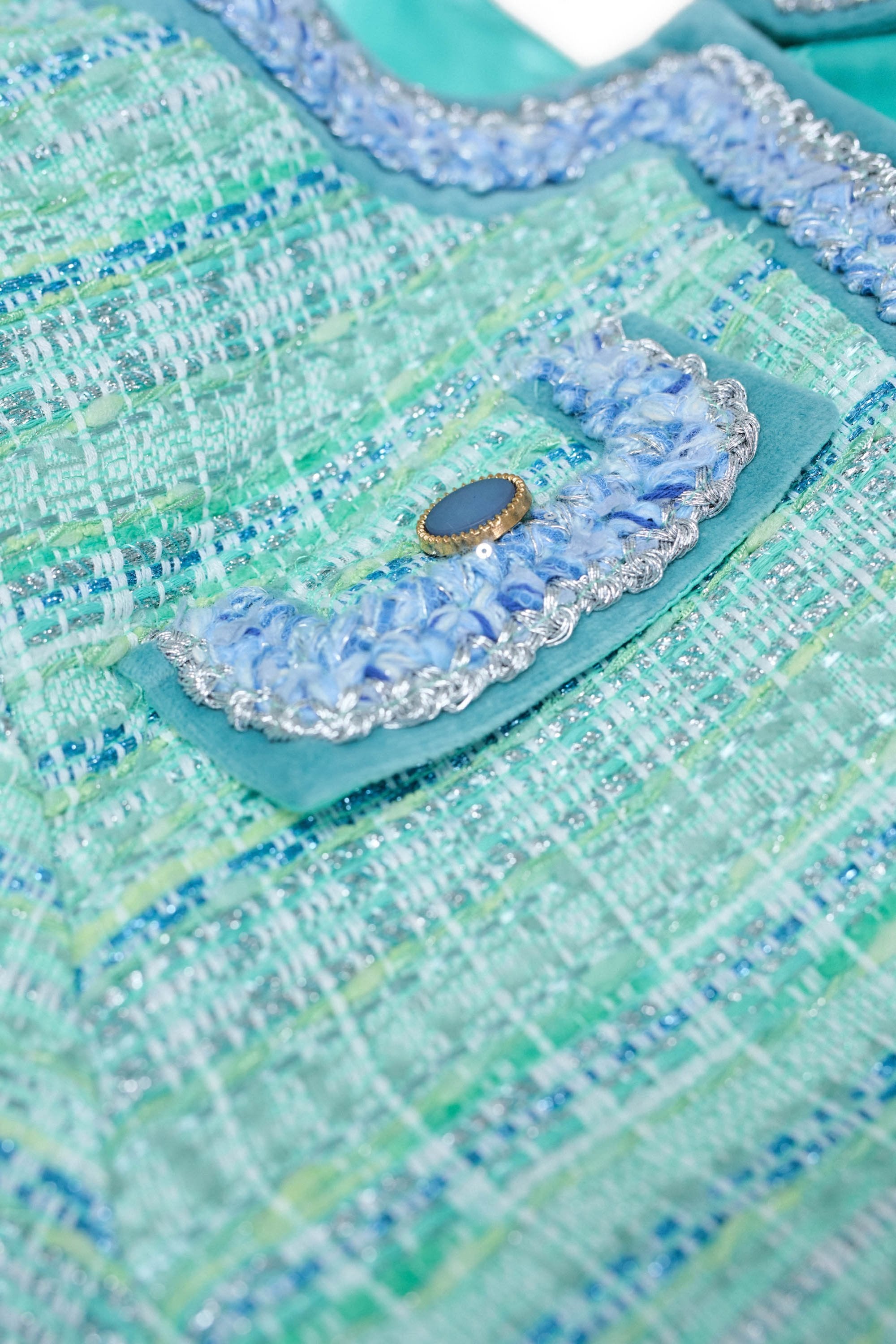 Colorful Tweed Chanel-Style Jacket in Light Green Vestes Salsa Jeans