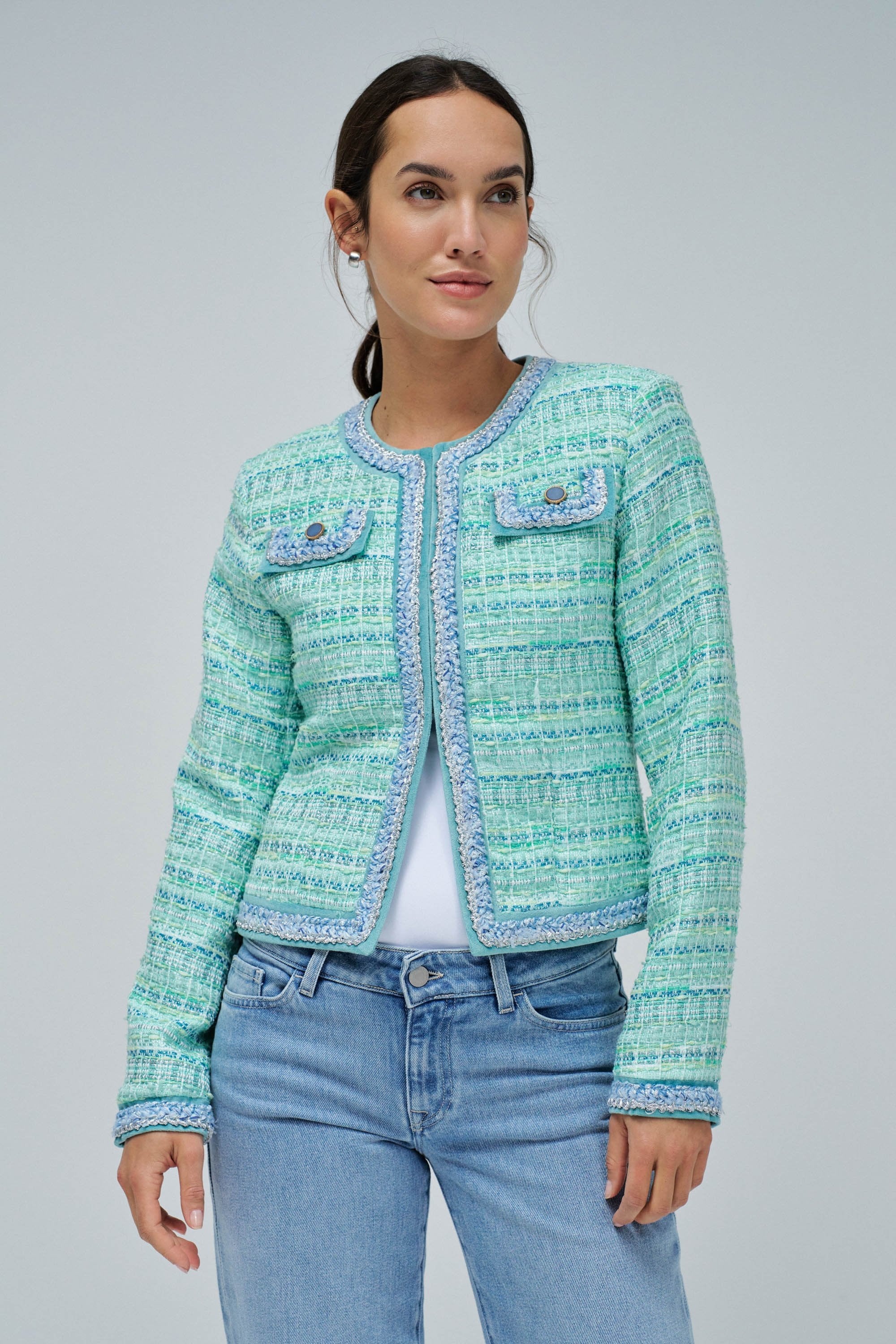 Colorful Tweed Chanel-Style Jacket in Light Green Vestes Salsa Jeans
