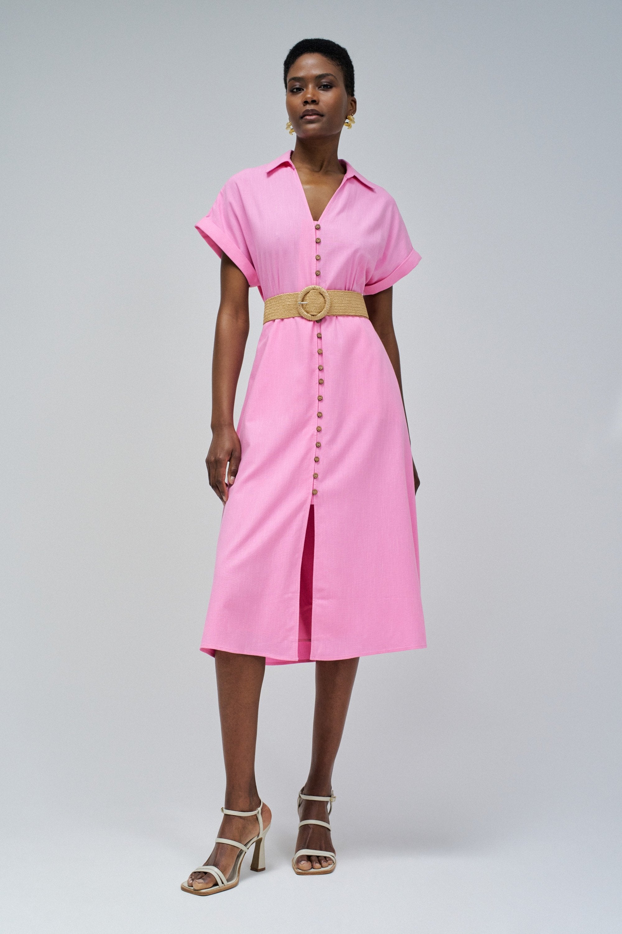 Robe en lin avec ceinture boutonnée à l'avant en rose moyen Robes Salsa Jeans