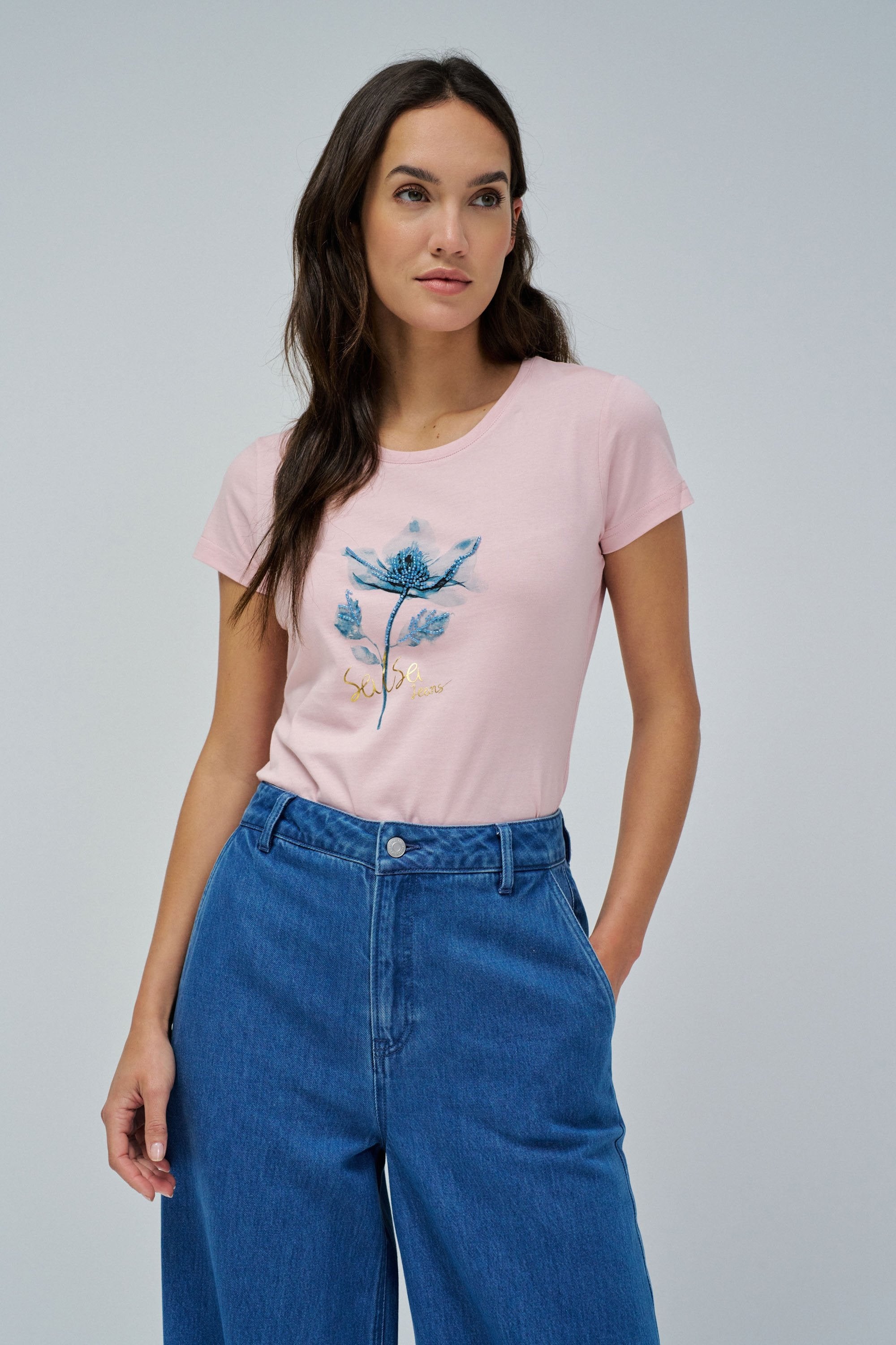 Graphic Flower Print T-shirt en rose moyen V1 T-shirts Salsa Jeans