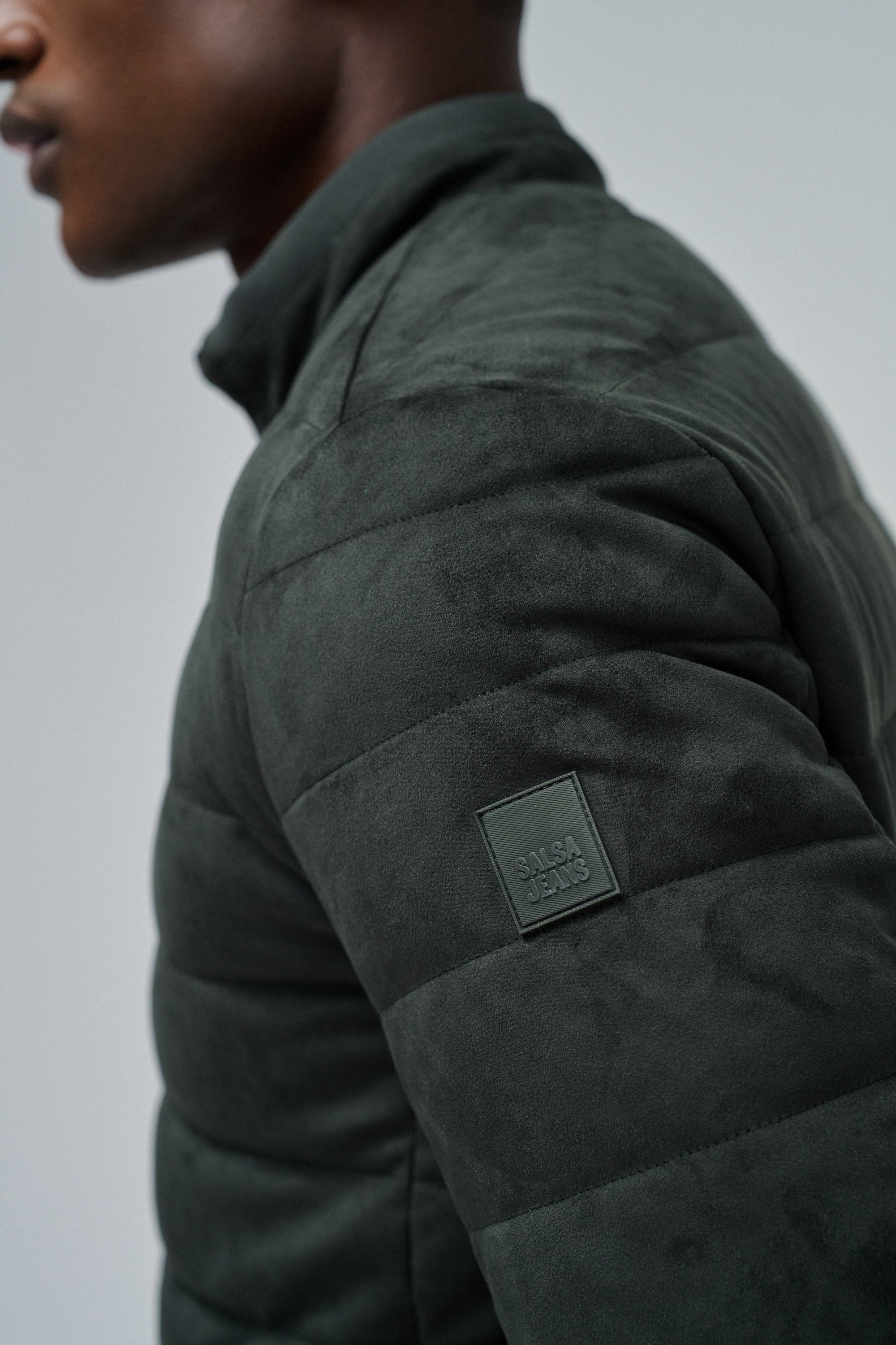 Suede Puffer Bomber Jacket in Dark Green Vestes Salsa Jeans