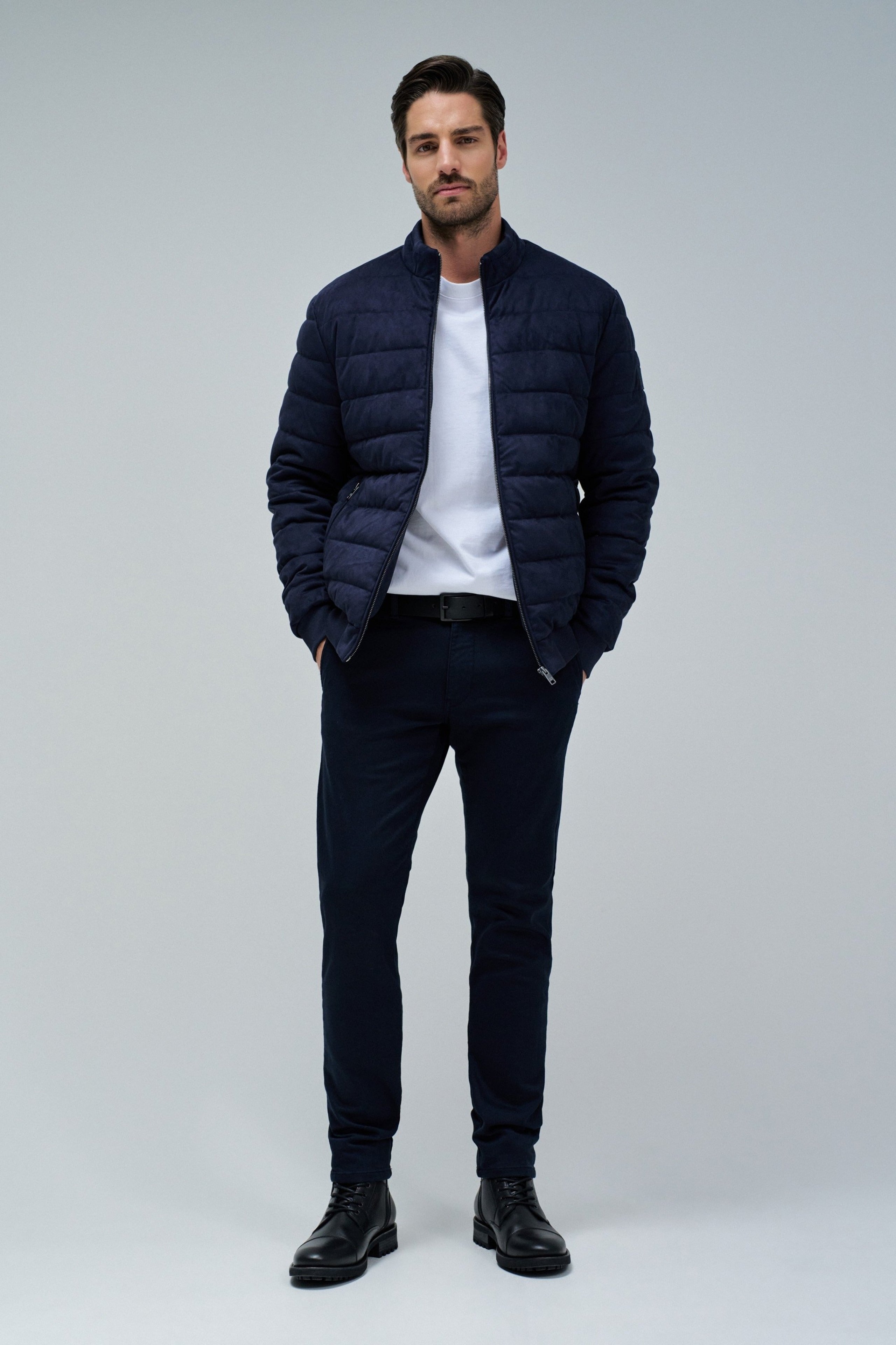 Suede Puffer Bomber Jacket in Dark Blue Vestes Salsa Jeans