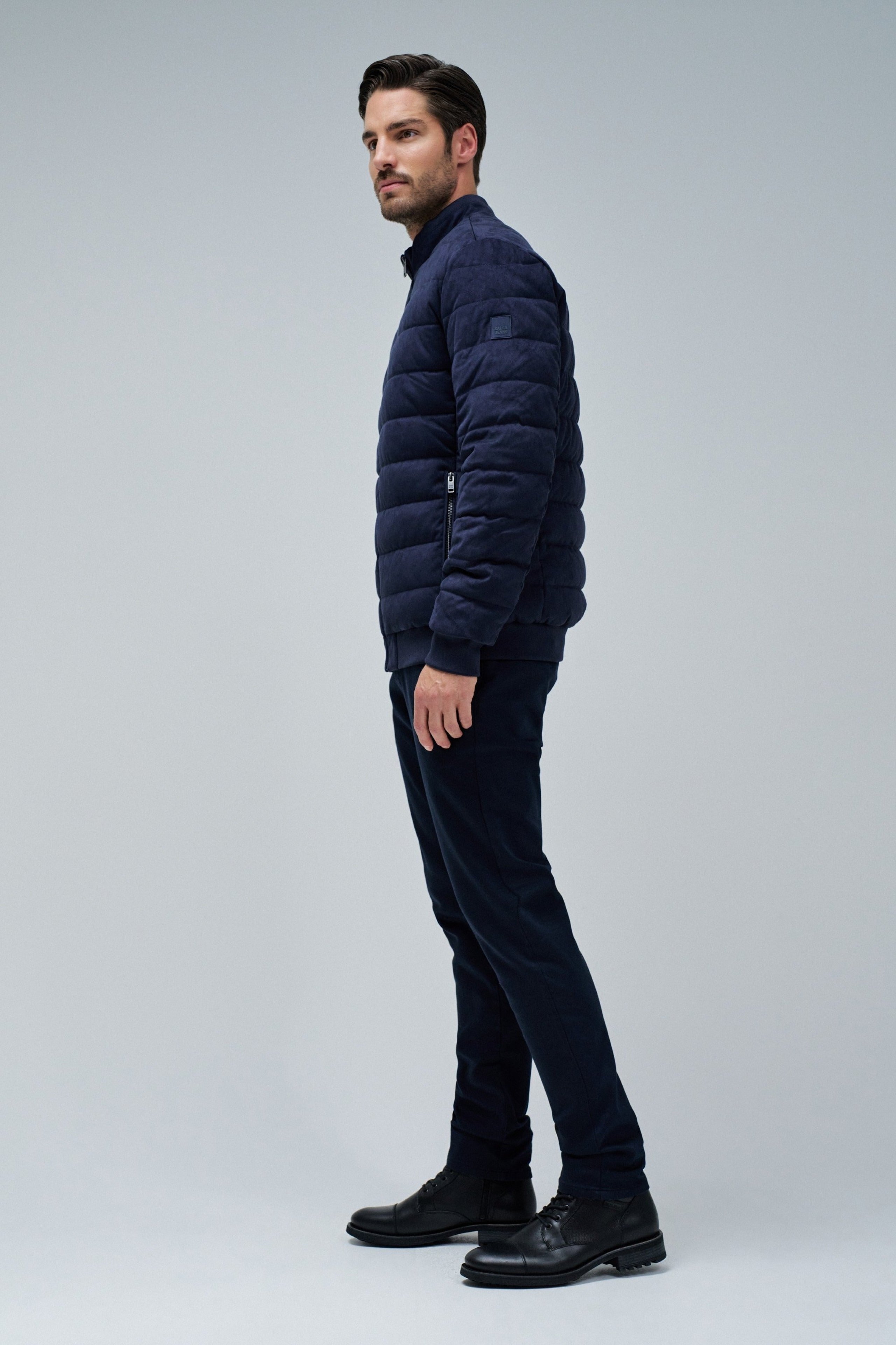 Suede Puffer Bomber Jacket in Dark Blue Vestes Salsa Jeans