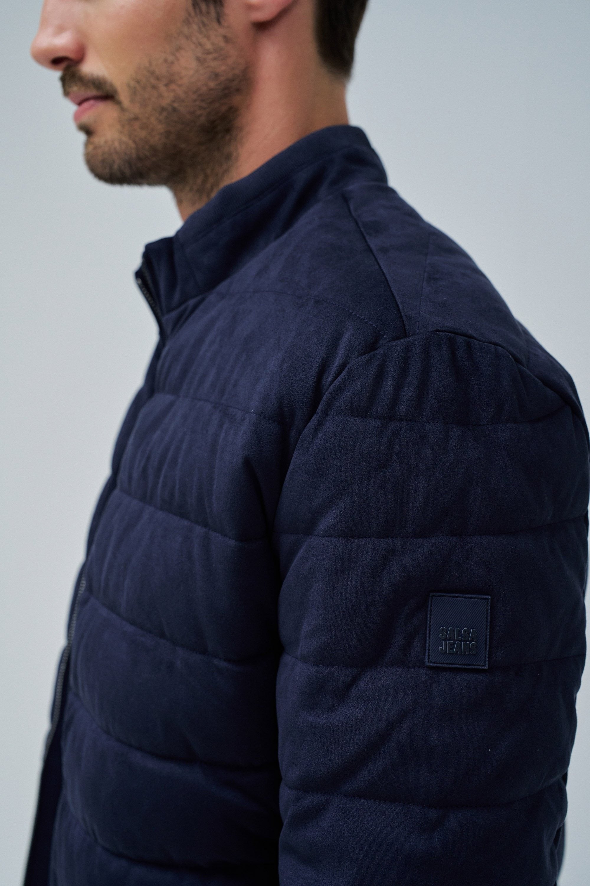 Suede Puffer Bomber Jacket in Dark Blue Vestes Salsa Jeans