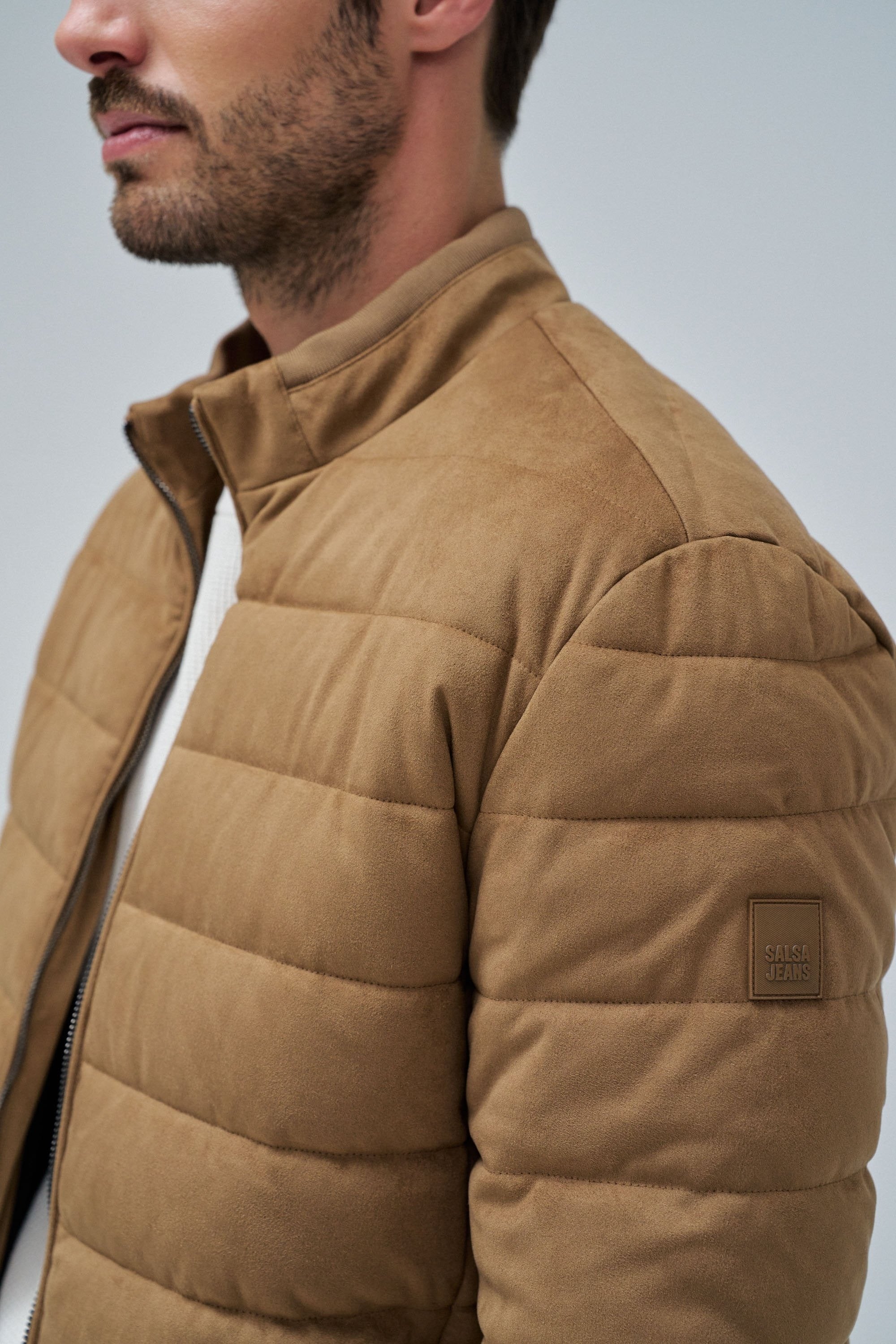 Suede Puffer Bomber Jacket in Medium Brown Vestes Salsa Jeans