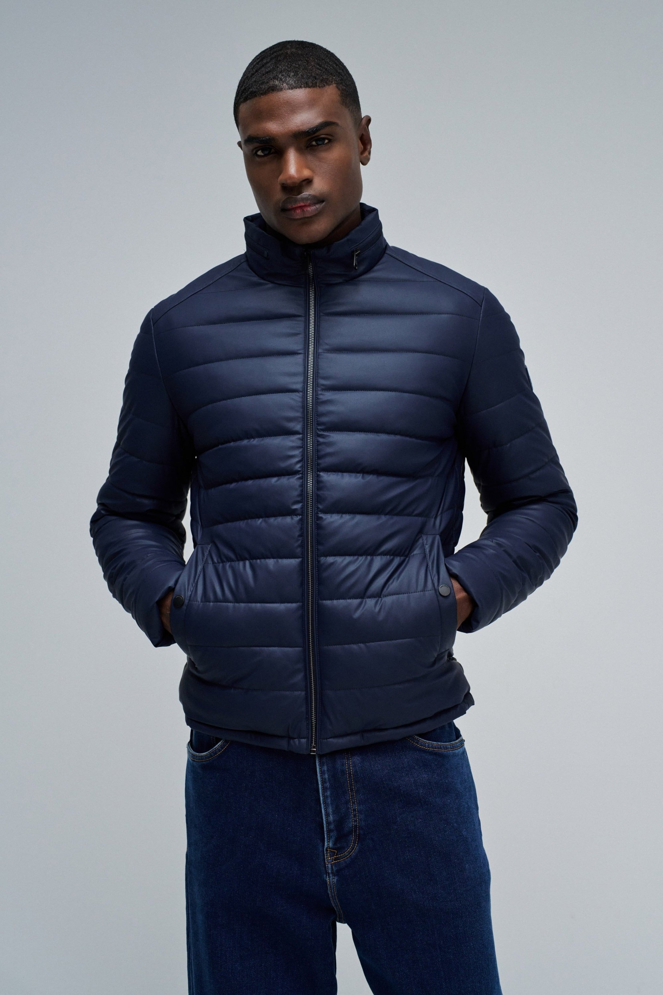 Veste en cuir PU léger et rembourré bleu foncé