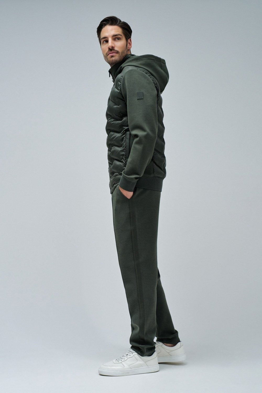 Zip-Thru Padded Jumper Hoodie in Dark Green Vestes Salsa Jeans