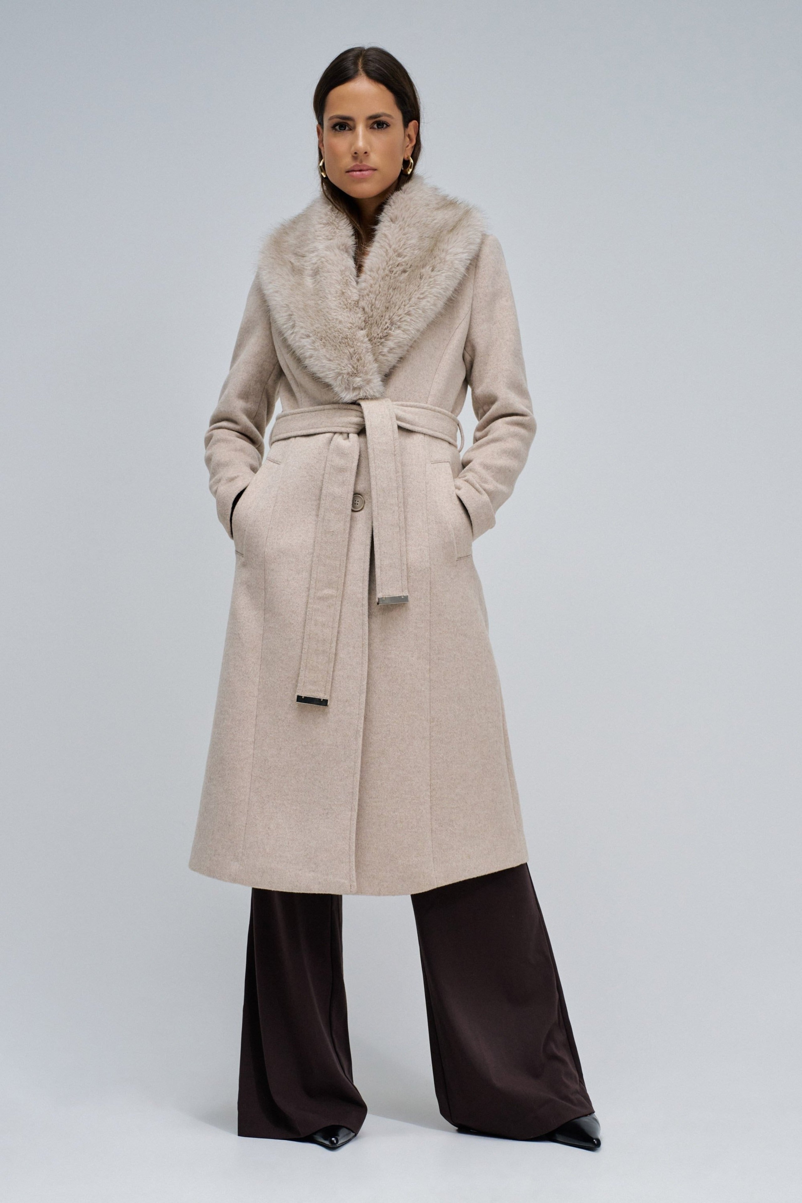 Long Wool Coat Faux Fur Belt in Medium Beige V1 Vestes Salsa Jeans
