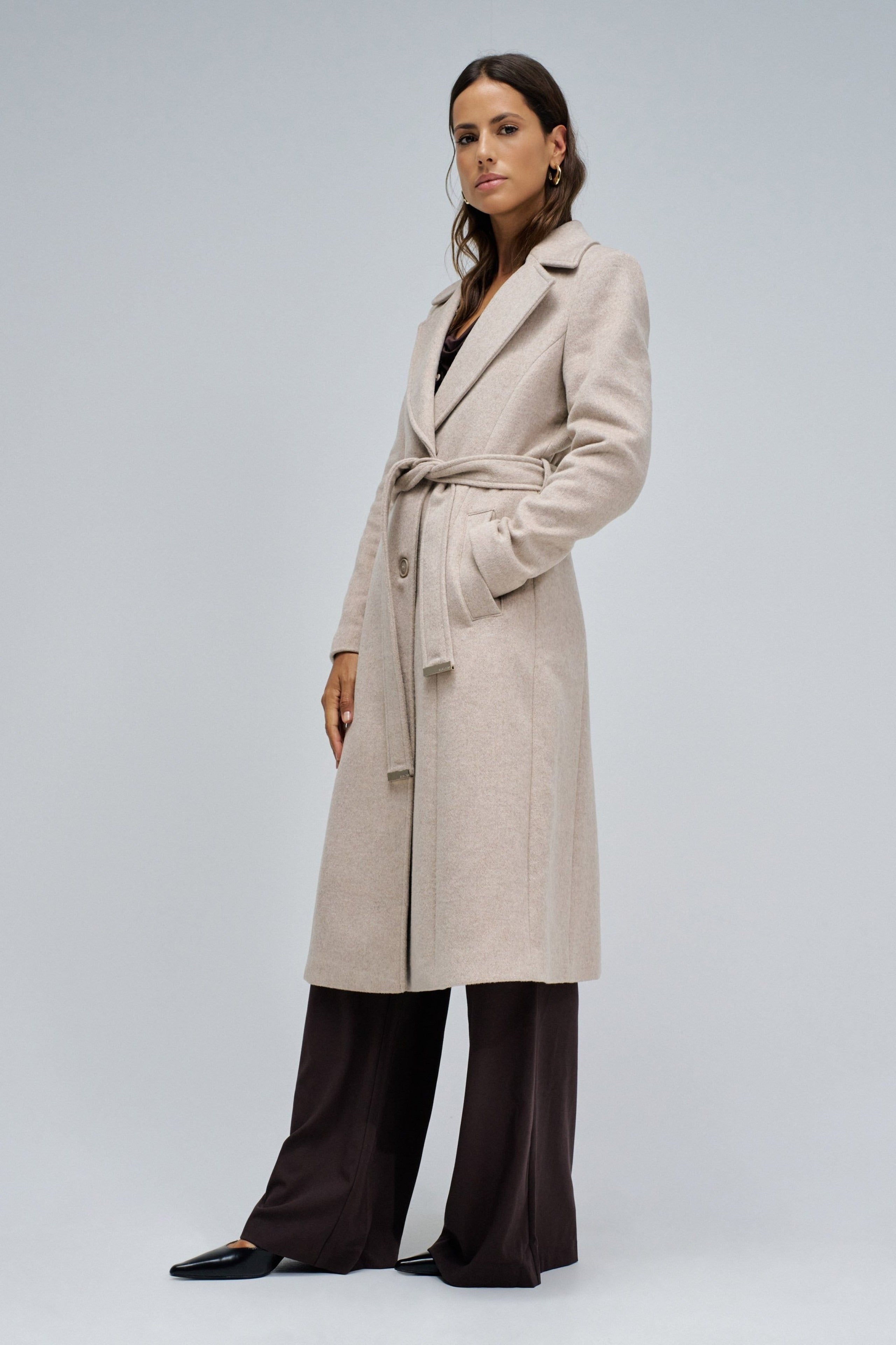 Long Wool Coat Faux Fur Belt in Medium Beige V1 Vestes Salsa Jeans