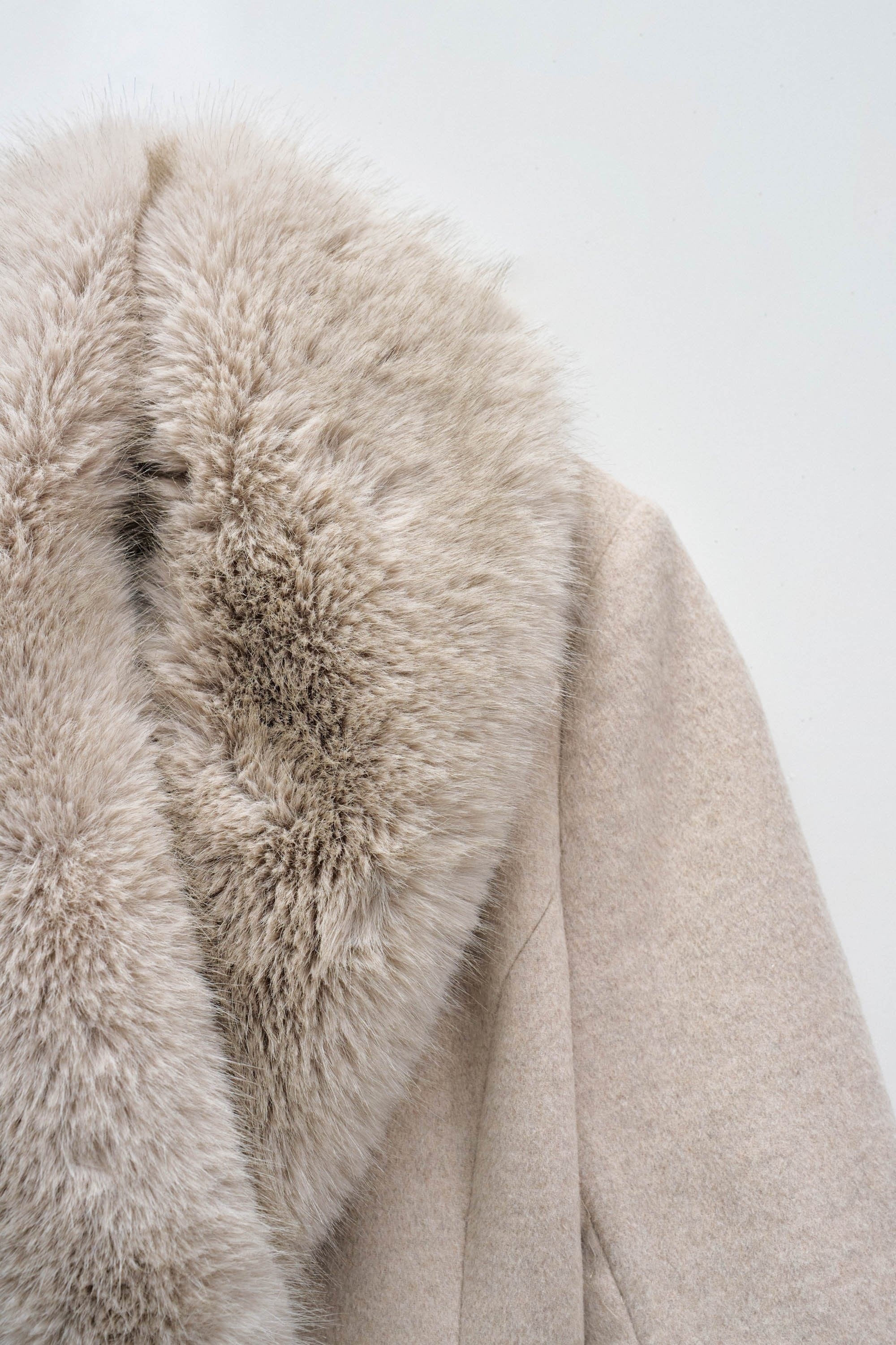 Long Wool Coat Faux Fur Belt in Medium Beige V1 Vestes Salsa Jeans