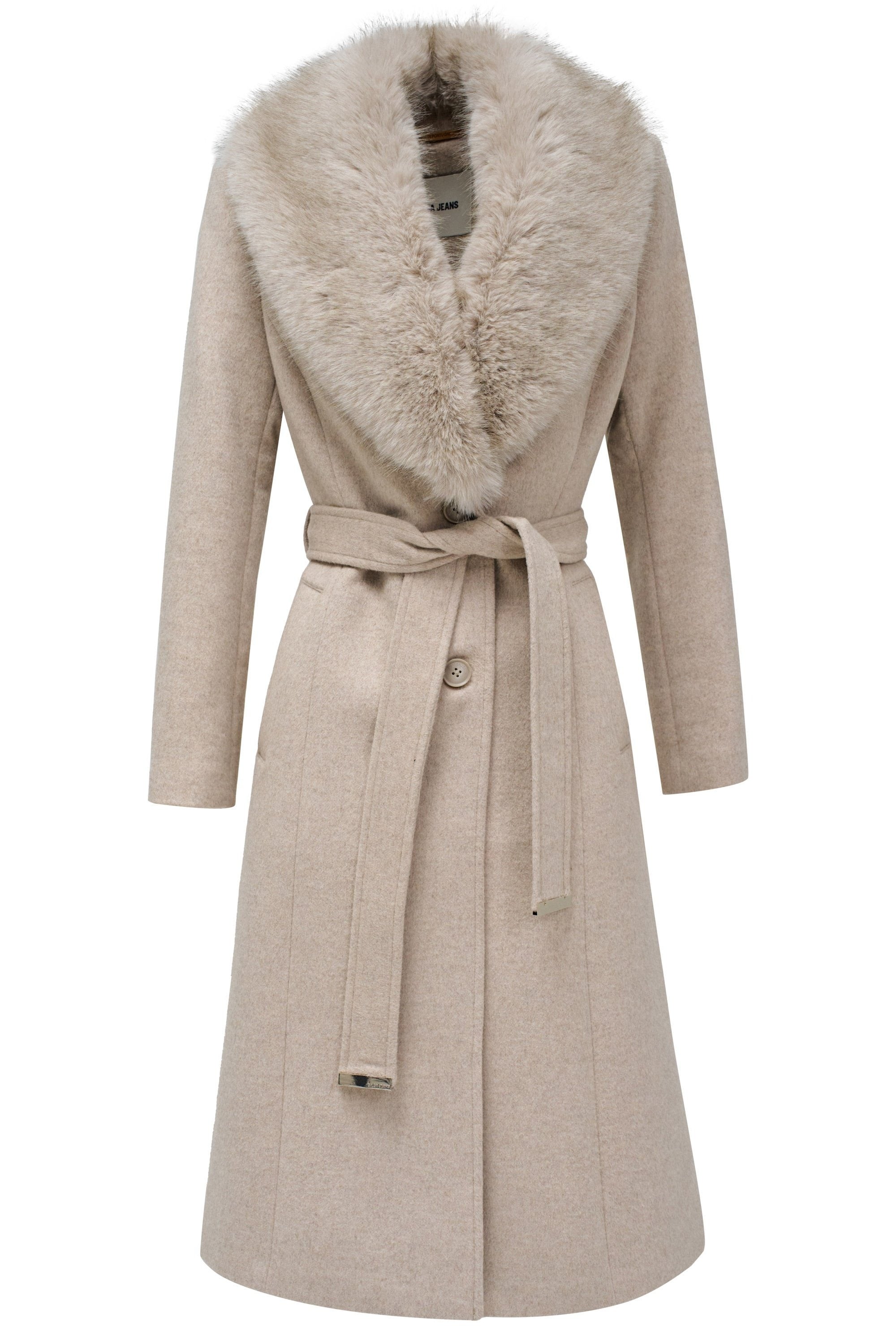 Long Wool Coat Faux Fur Belt in Medium Beige V1 Vestes Salsa Jeans