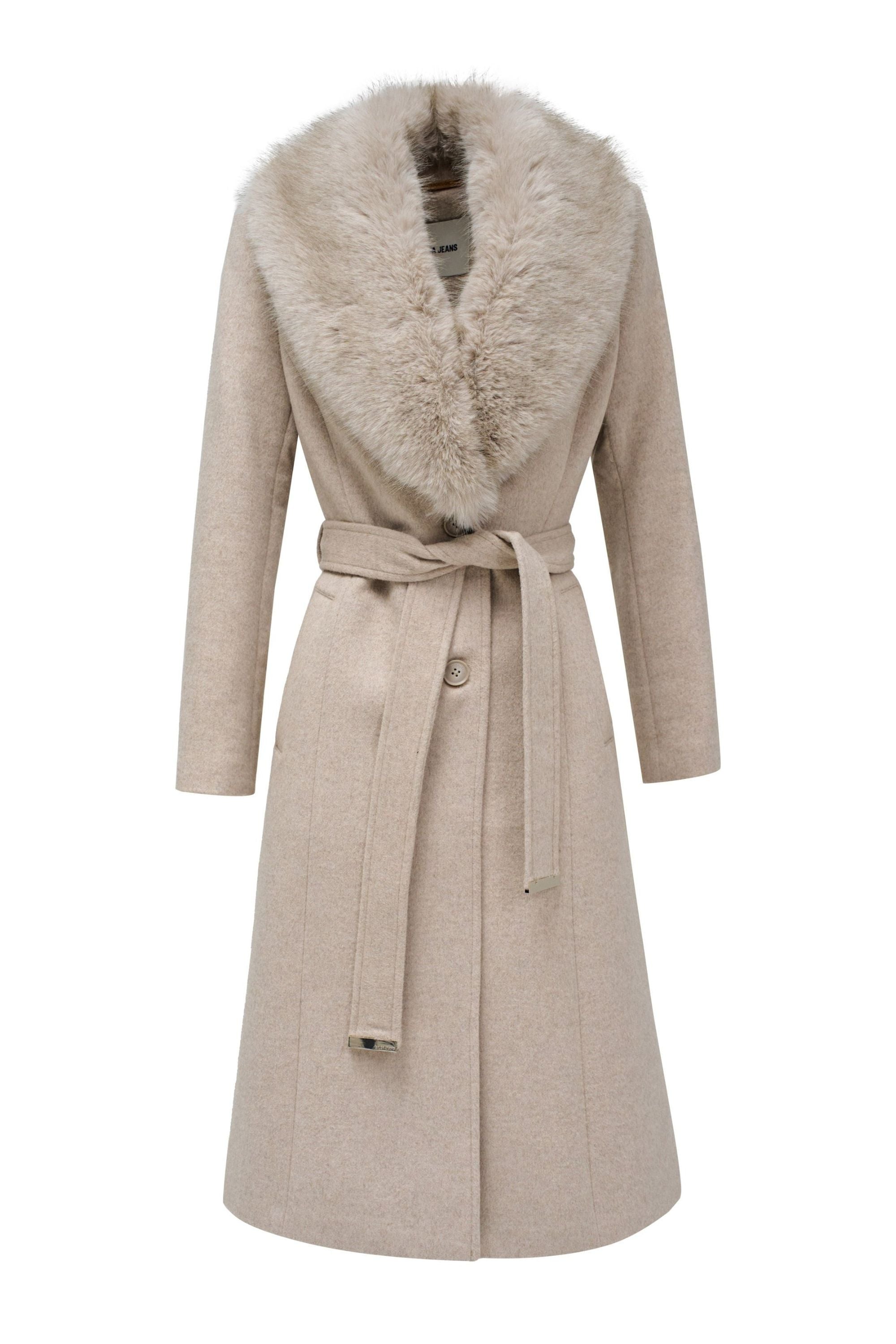 Long Wool Coat Faux Fur Belt in Medium Beige V1