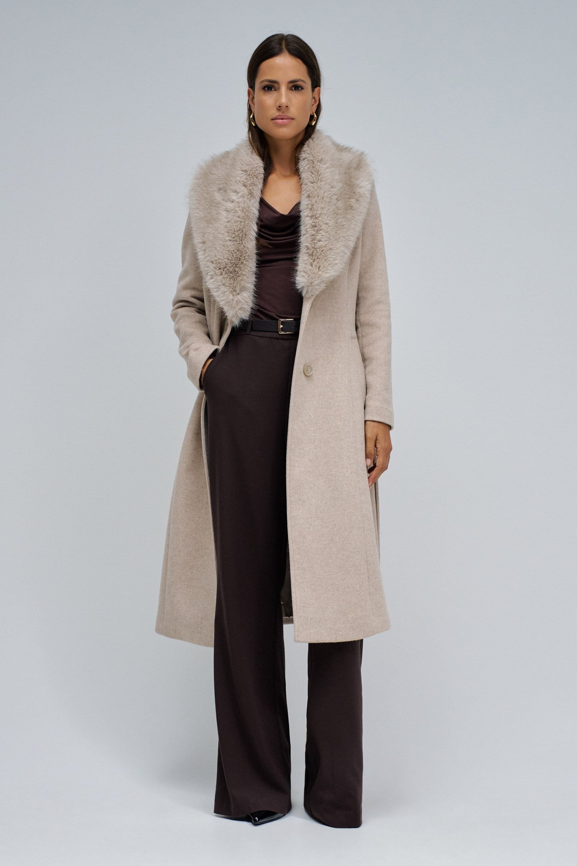 Long Wool Coat Faux Fur Belt in Medium Beige V1 Vestes Salsa Jeans