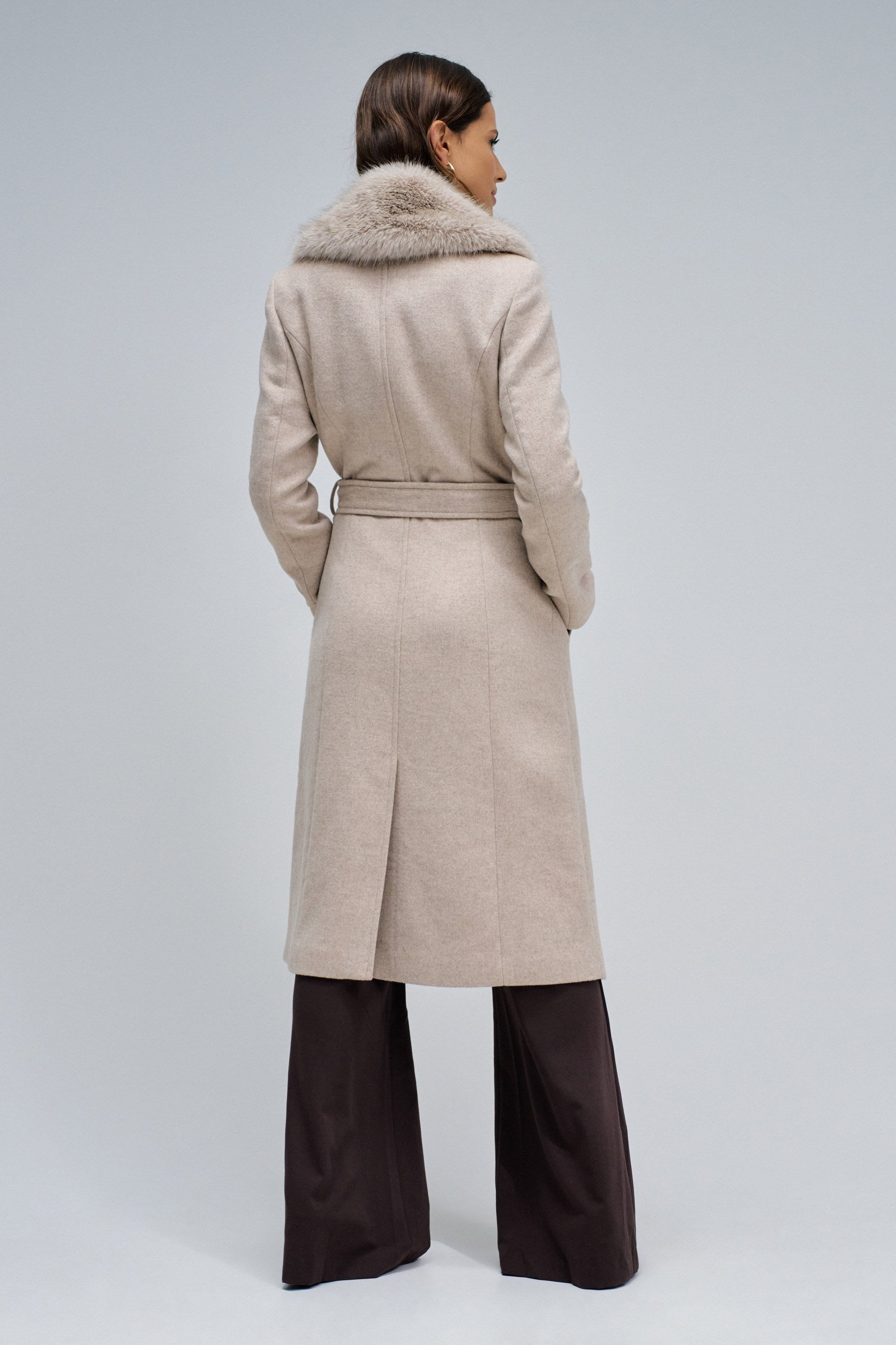 Long Wool Coat Faux Fur Belt in Medium Beige V1 Vestes Salsa Jeans