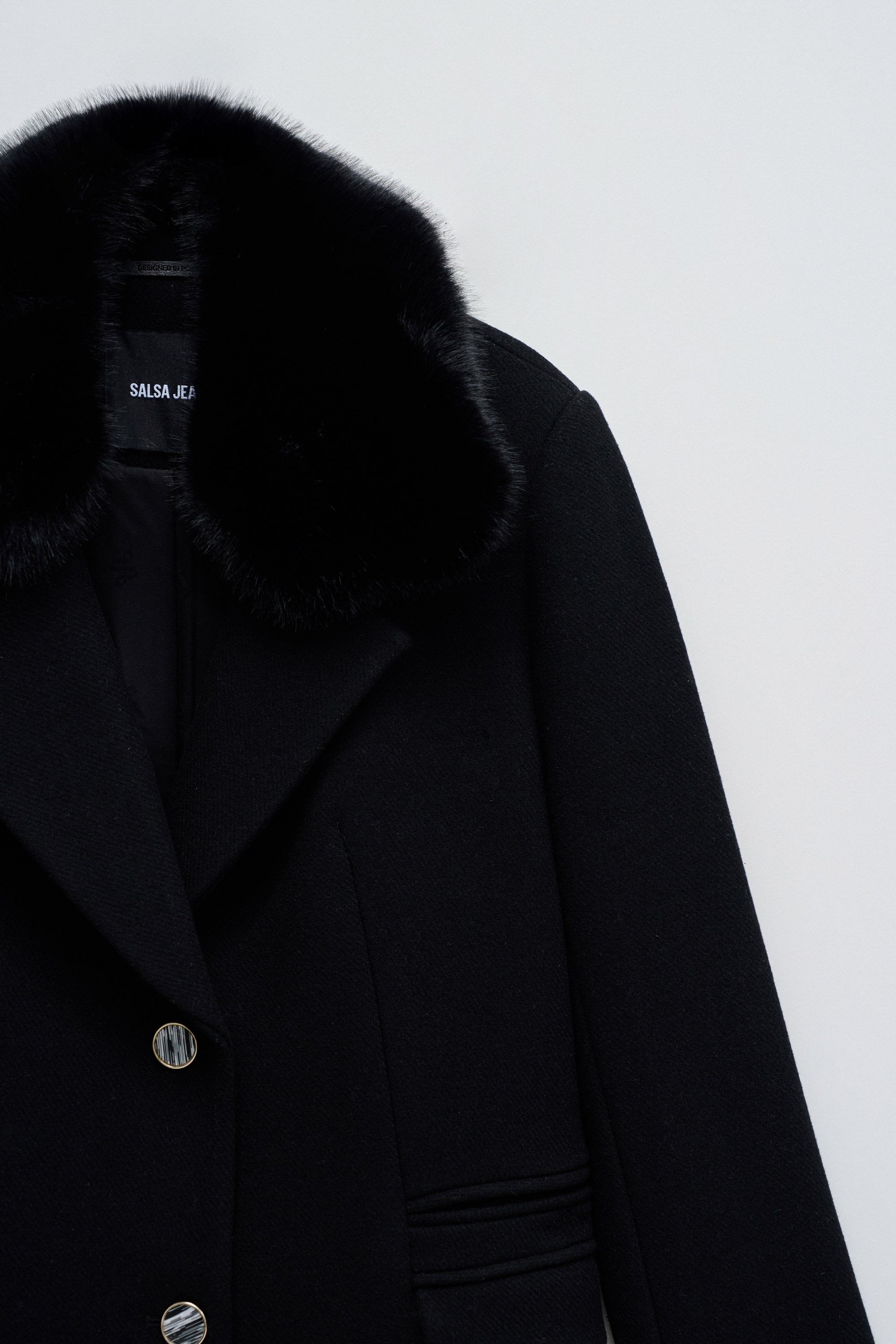 Wool Coat With Faux Fur Collar in Black Vestes Salsa Jeans