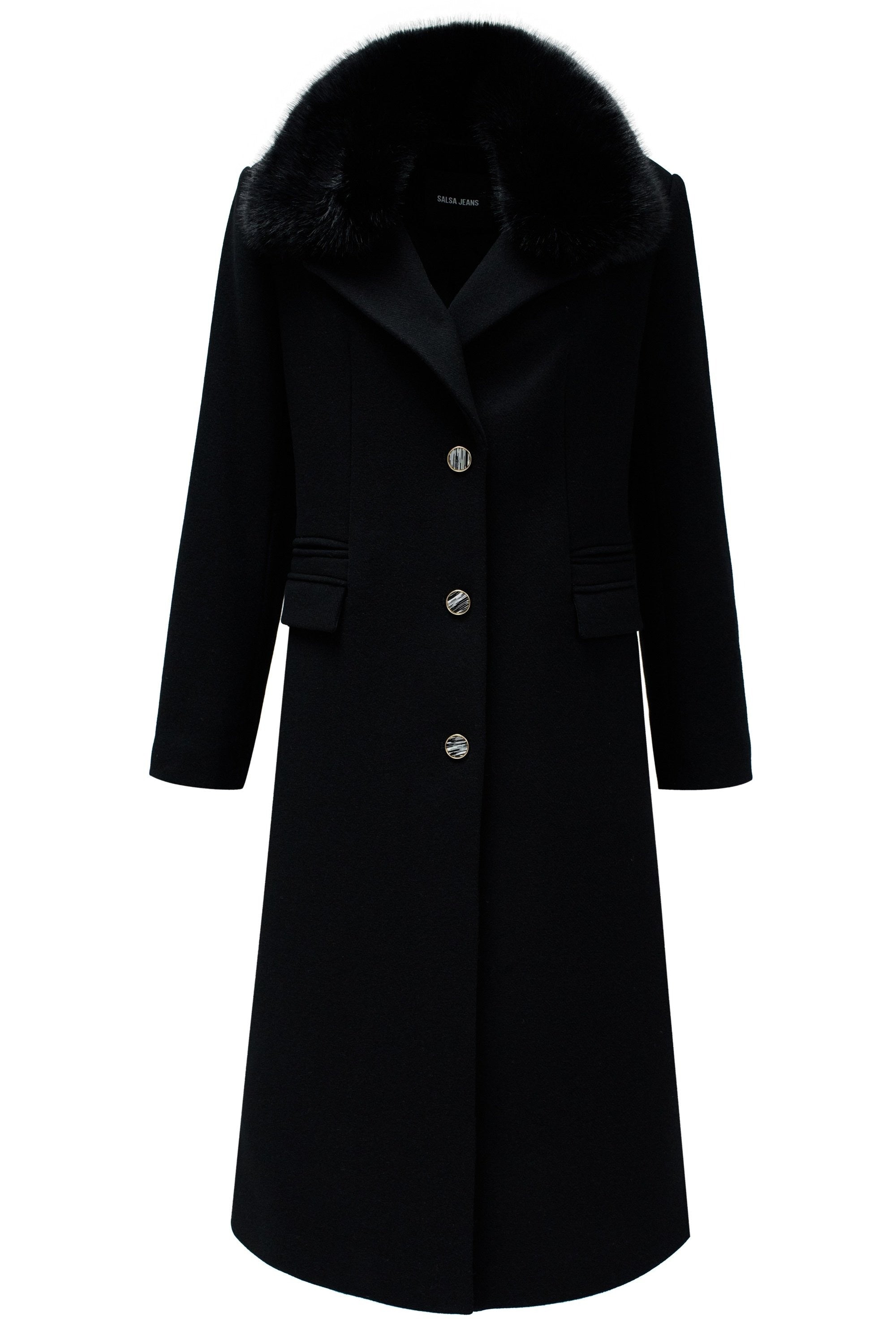 Wool Coat With Faux Fur Collar in Black Vestes Salsa Jeans