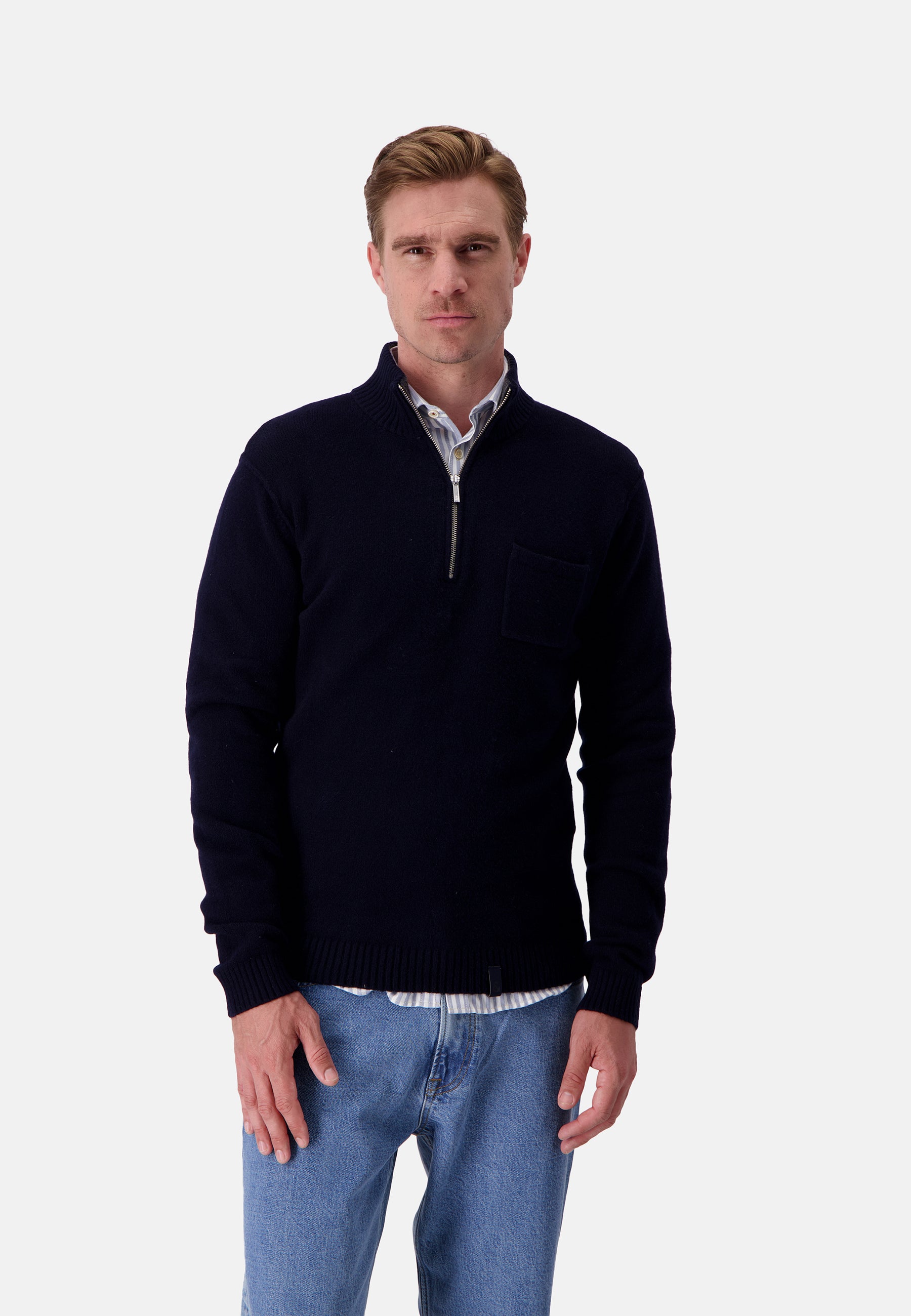Pull-over Mock-Zip Woolen Touch in Navy Colours and Sons