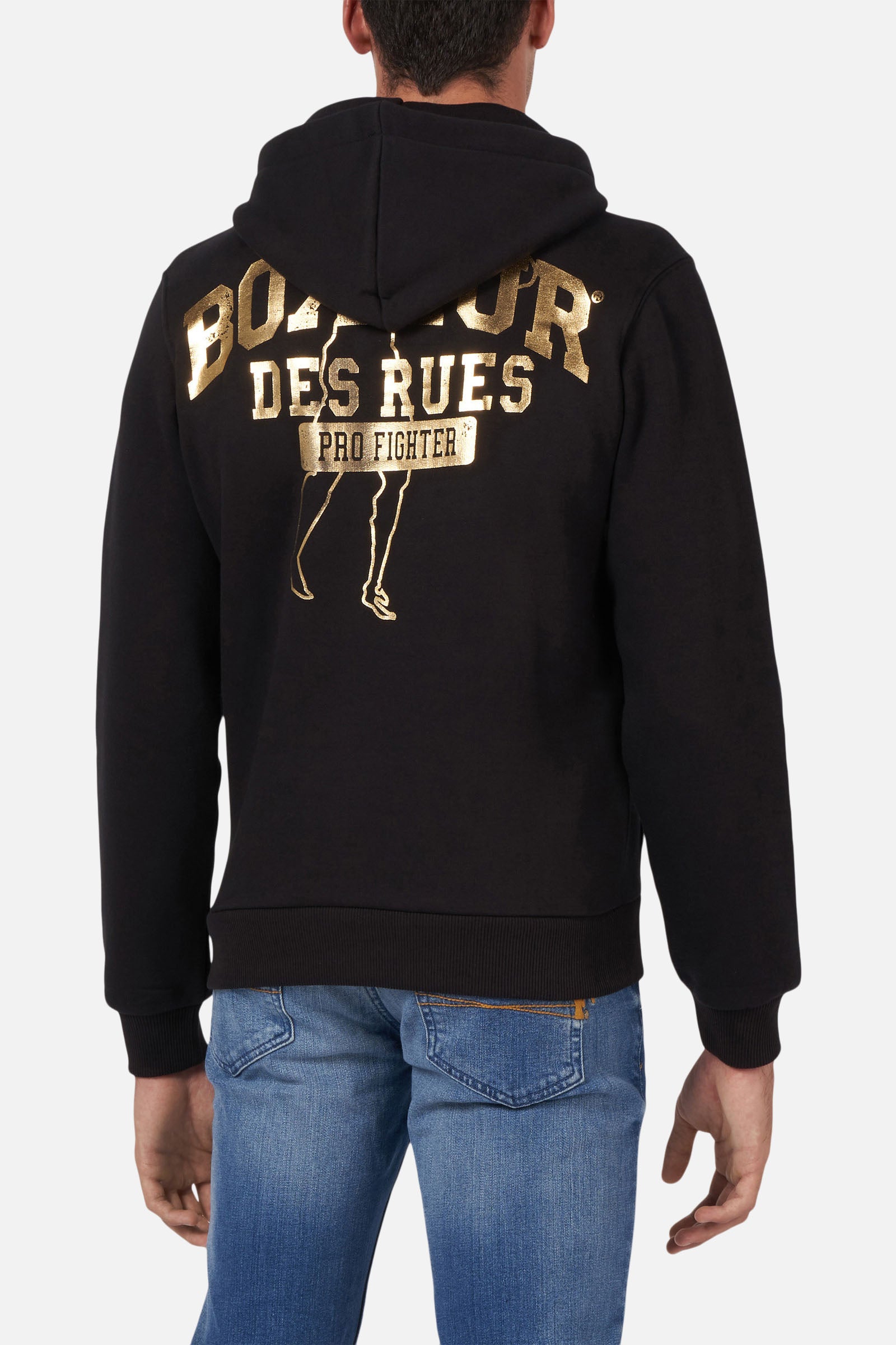 Sweat-shirt à capuche avec fermeture éclair en noir et or
