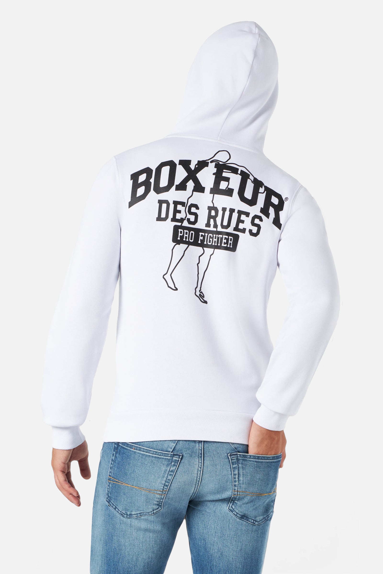 Sweat-shirt à capuche et fermeture éclair intégrale, blanc et noir