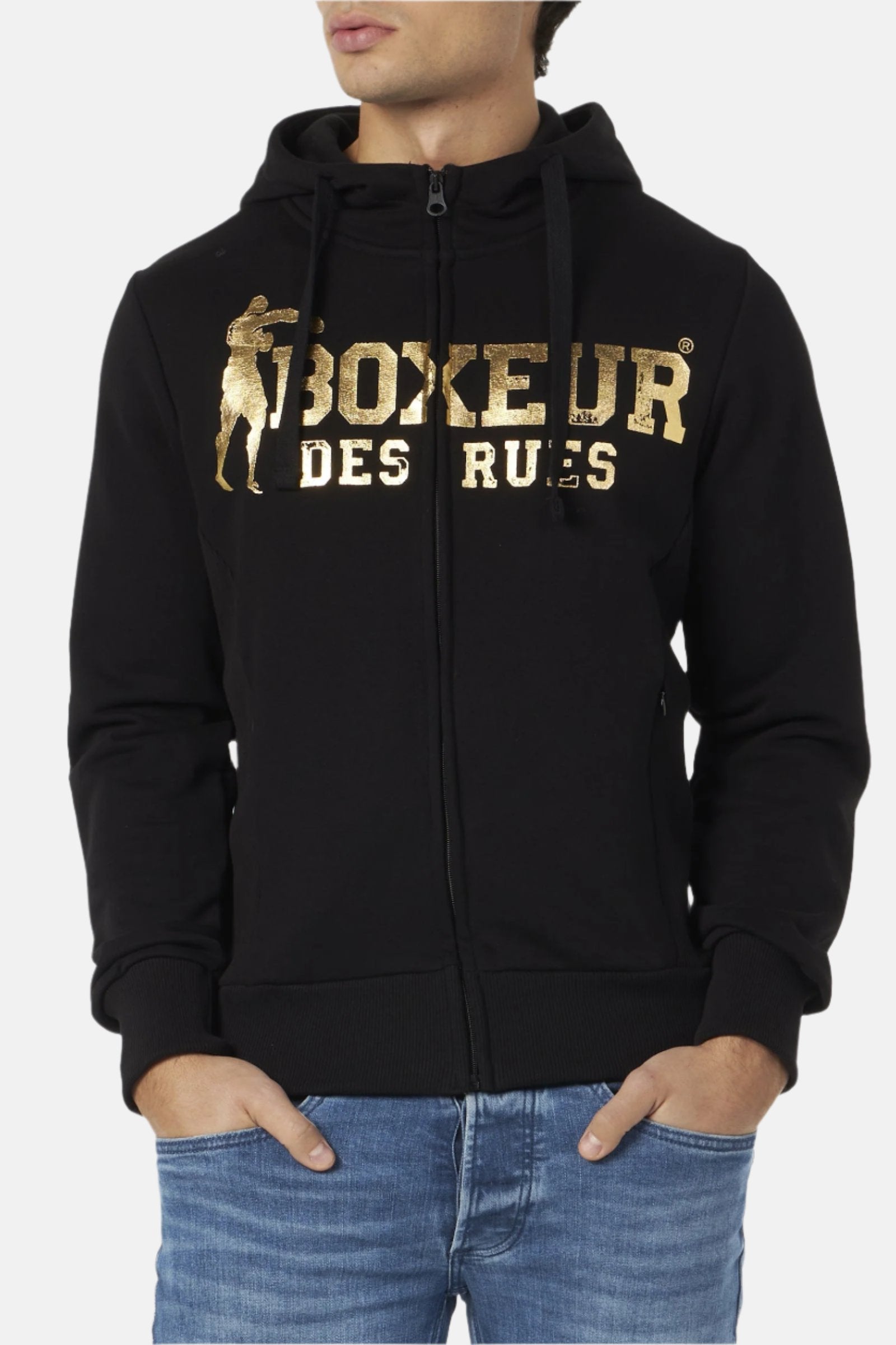 Sweat-shirt à capuche entièrement zippé en noir et or Sweat-shirts Boxeur des Rues